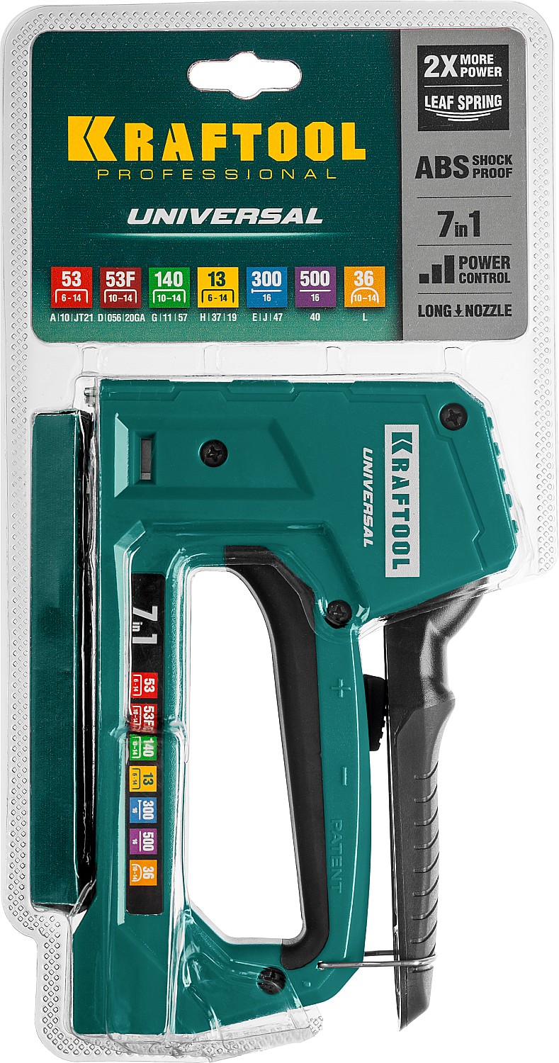 KRAFTOOL Universal, 7-в-1: 53 (A/10/JT21) 23GA (6 - 14 мм)/140 (G/11/57) 20GA (8 - 14 мм)/13/53F/36/500, универсальный легкий степлер (31524)