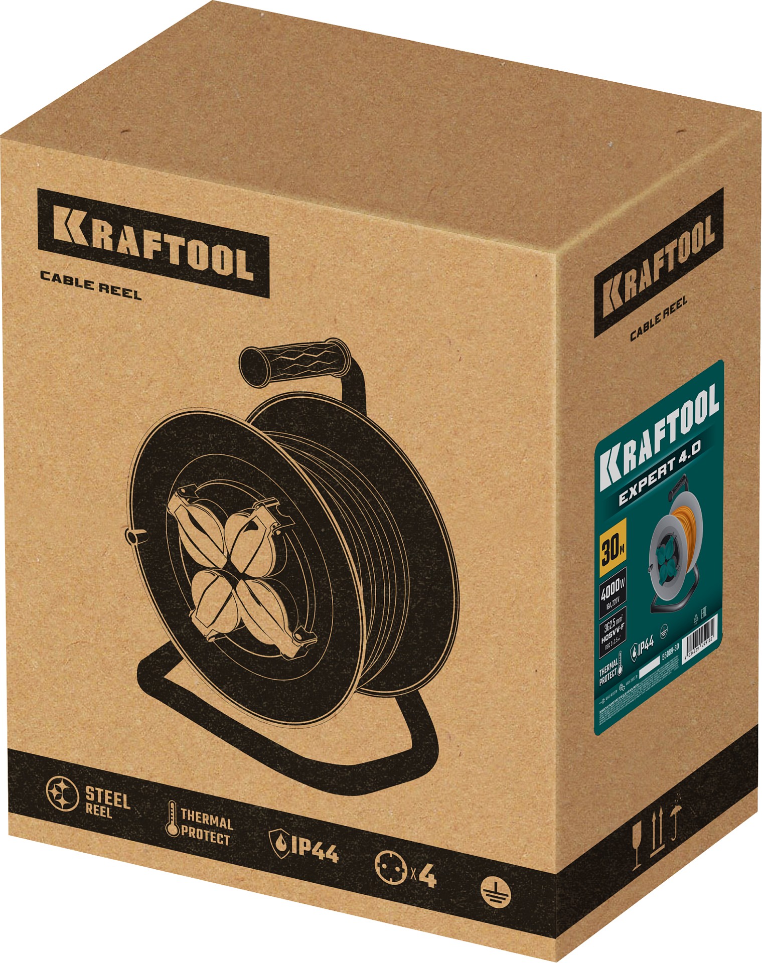KRAFTOOL ПВС 3х2.5 30м 4000Вт IP44, Силовой удлинитель на стальной катушкеEXPERT (55089-30)
