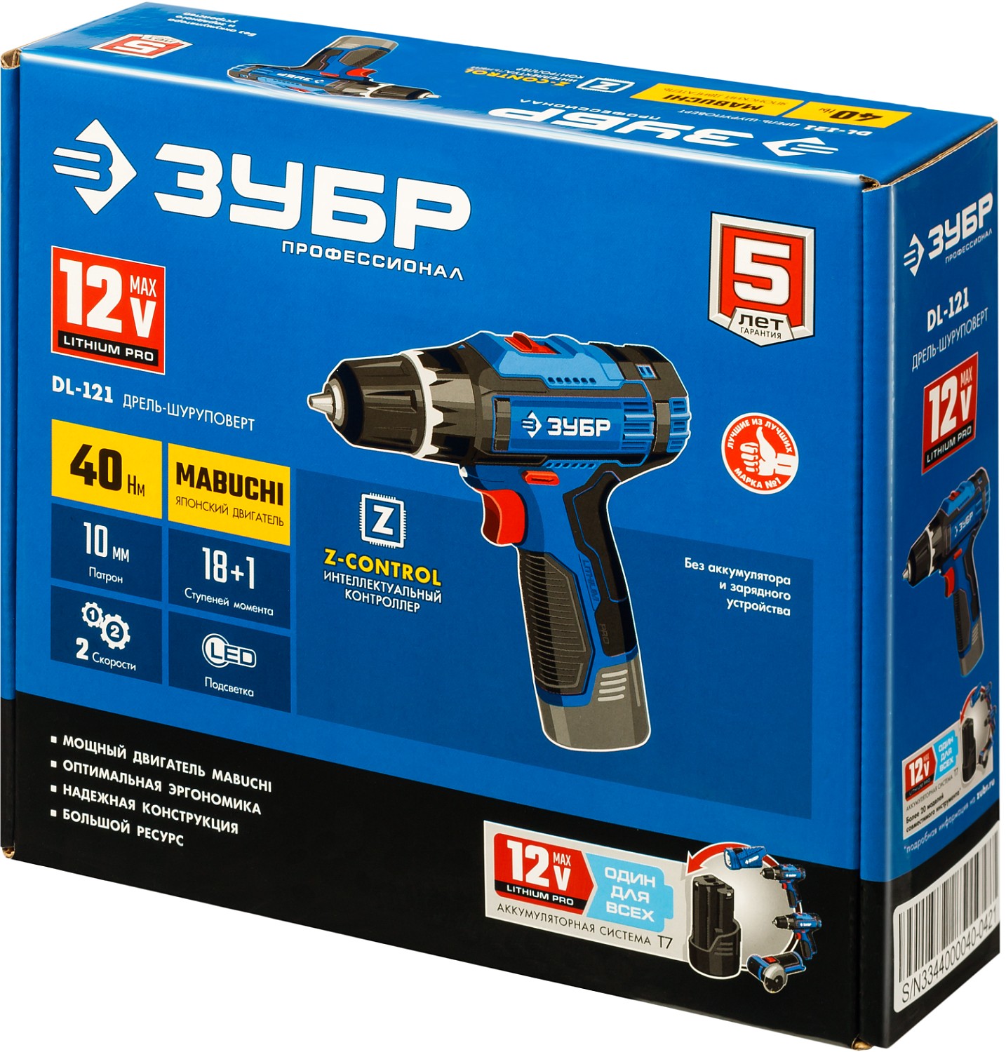 ЗУБР 12 В, 40 Н·м, без АКБ (тип Т7), дрель-шуруповерт, Профессионал (DL-121)
