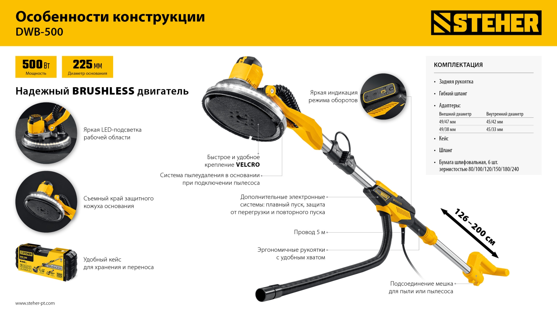 STEHER d225 мм, 500 Вт, подсветка, бесщеточная шлифовальная машина для стен (жираф), кейс (DWB-500)