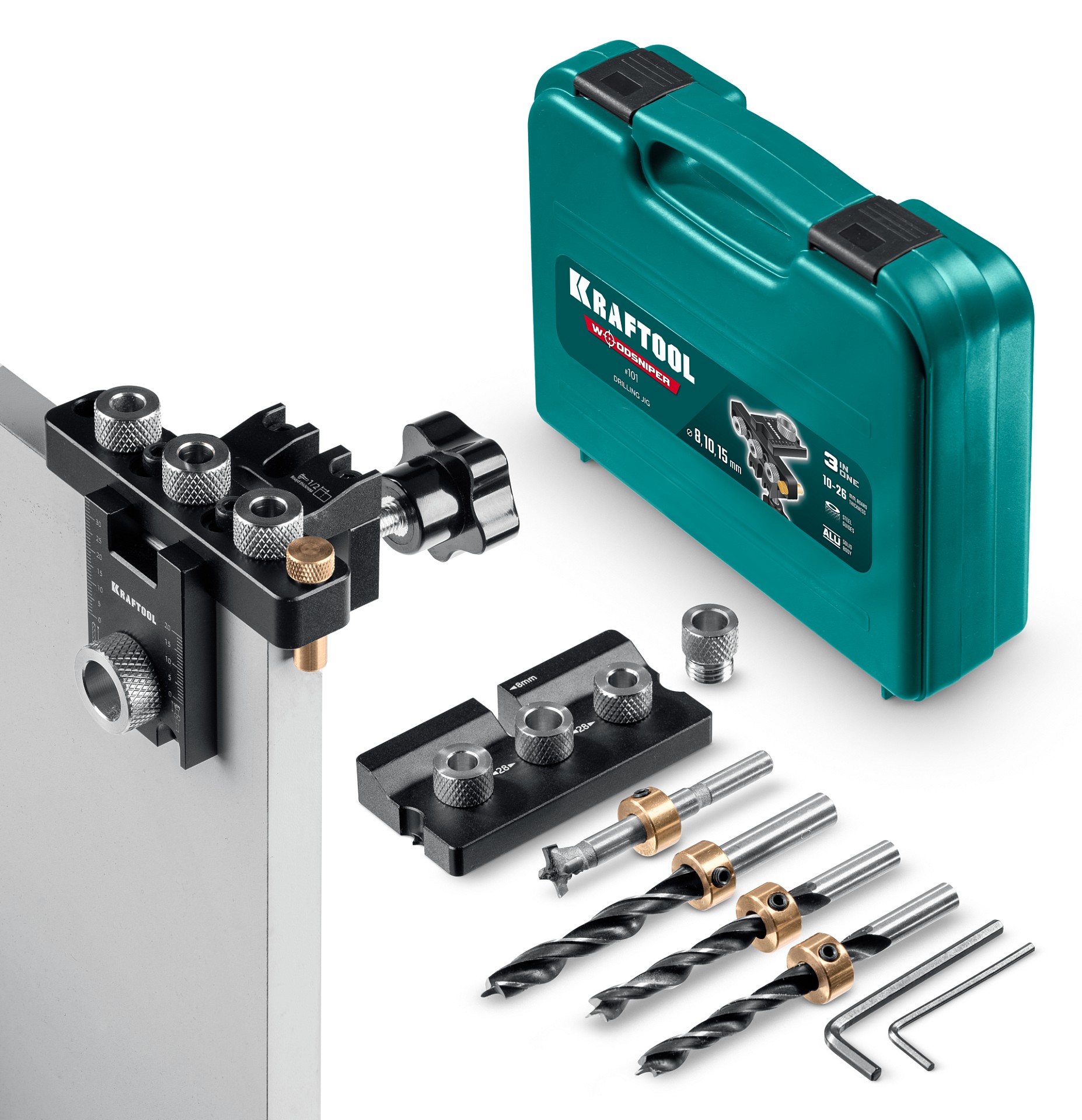 KRAFTOOL Woodsniper 101, ″3-в-1″ кондуктор для эксцентриковых стяжек и шкантов (30072)