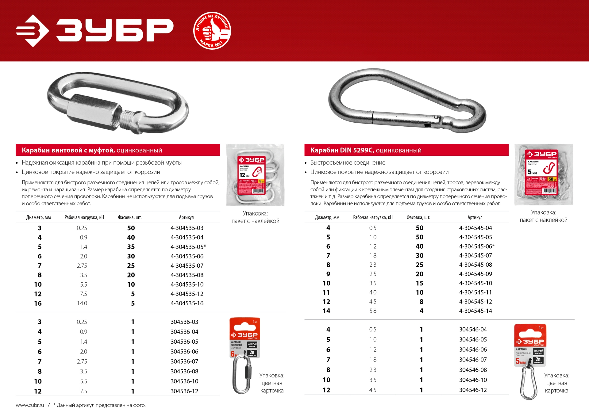 ЗУБР DIN 5299C, 10 мм, 15 шт, быстросъемный карабин (4-304545-10)