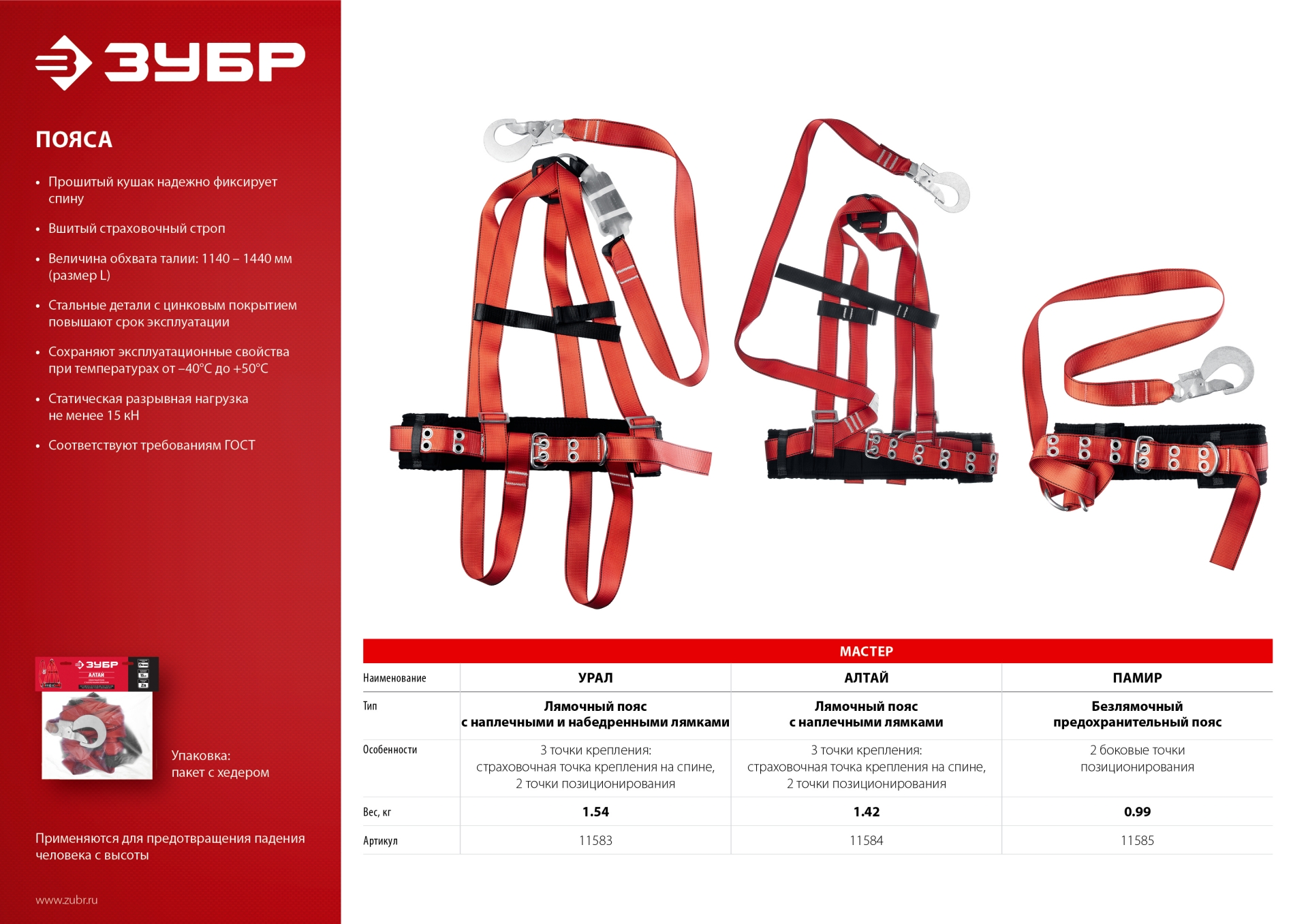 ЗУБР ПАМИР страховочный строп, фурнитура из оцинкованной стали, 2 точки крепления, размер L (1140-1440), безлямочный пояс (11585)