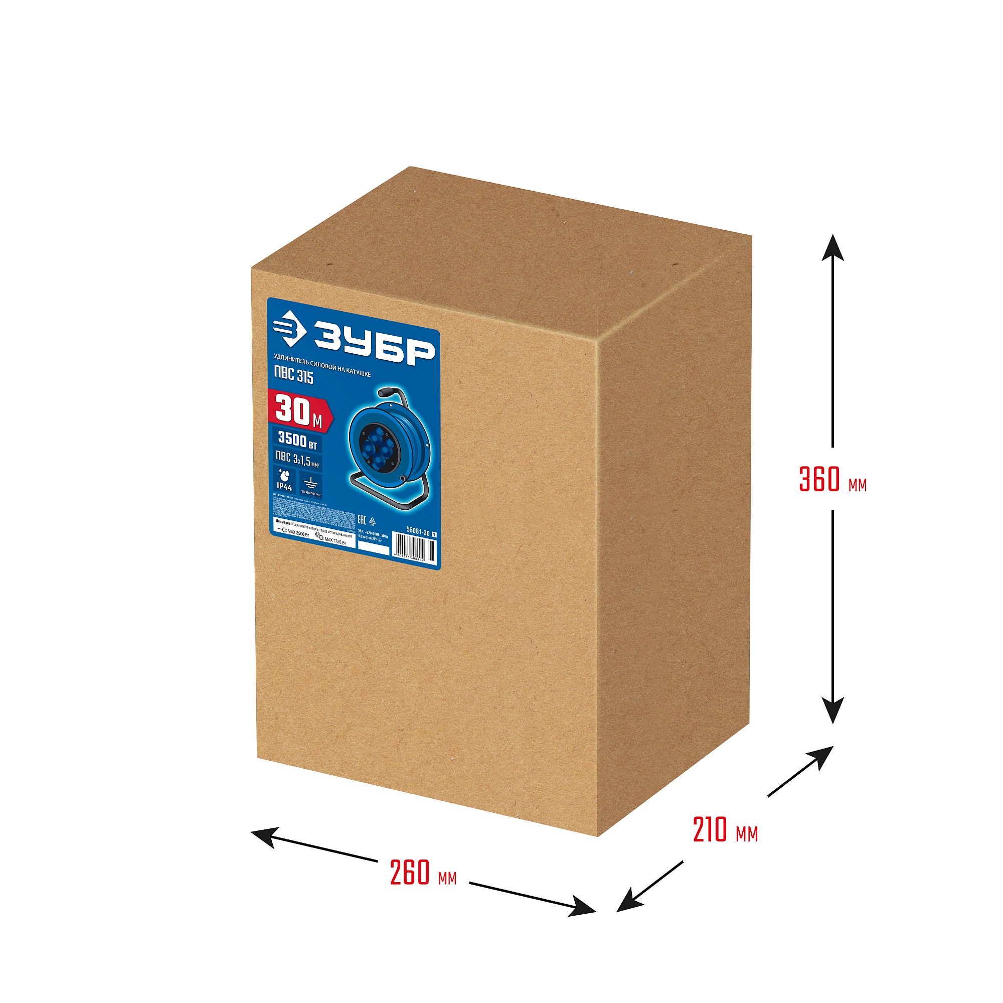ЗУБР ПВС-315, ПВС, 3 x 1.5 мм2, 30 м, 3500 Вт, IP44, силовой удлинитель на катушке, Профессионал (55081-30)