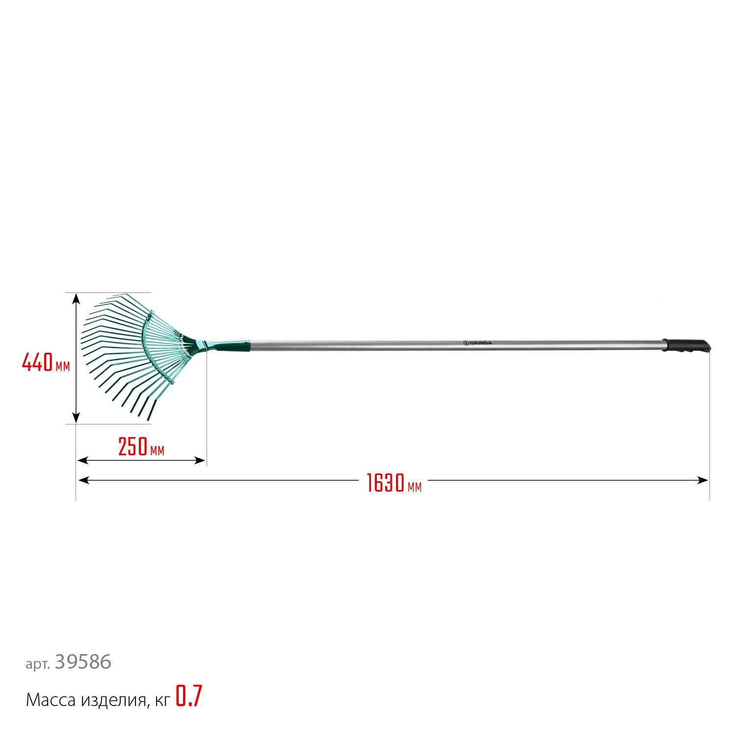 GRINDA PR-40 ALU, 440 х 250 х 1630 мм, 22 плоских зубца, алюминиевый черенок, веерные грабли, PROLine (39586)