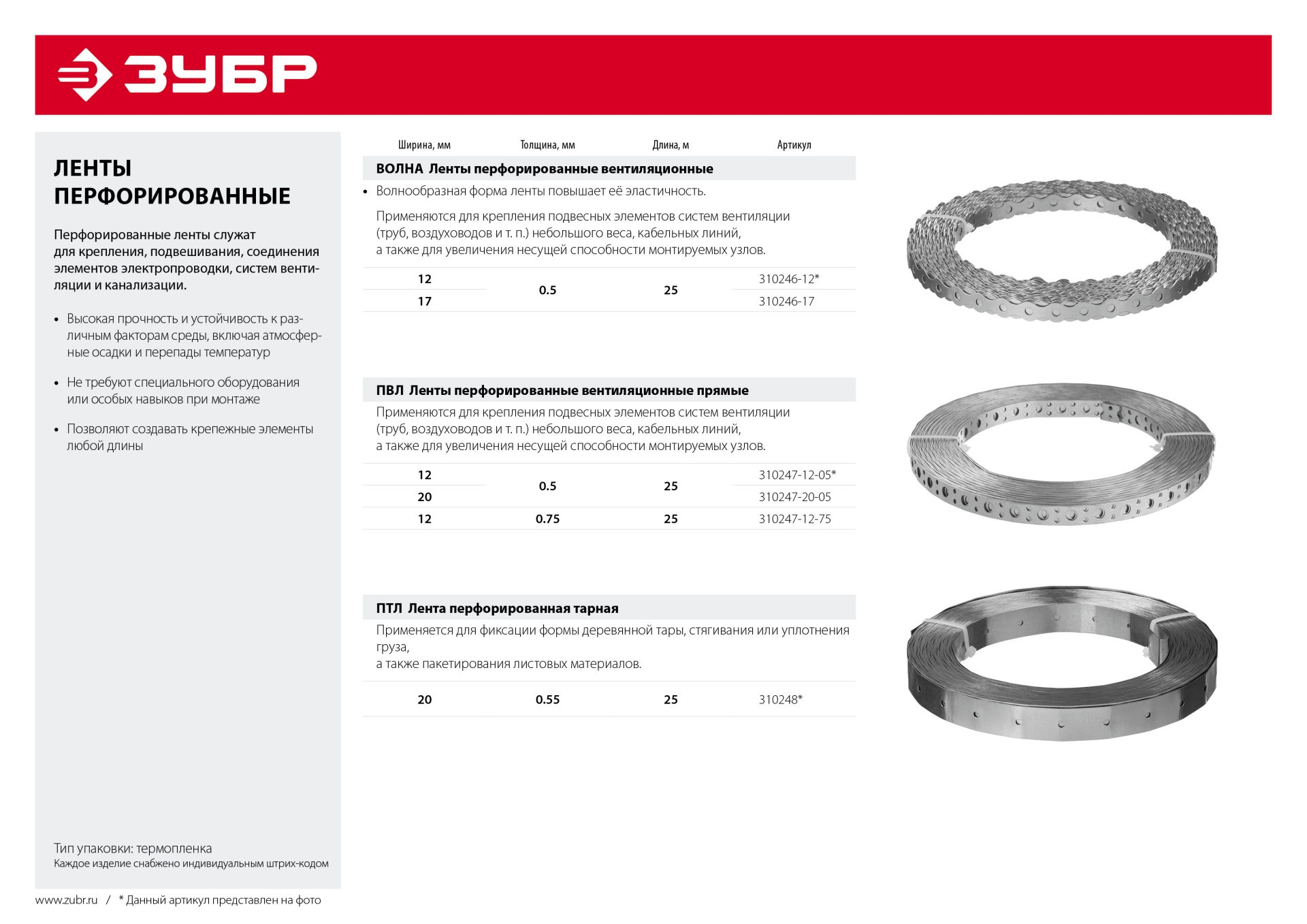 ЗУБР Волна, 12 x 0.5 мм, 25 м, цинк, перфорированная вентиляционная лента (310246-12)