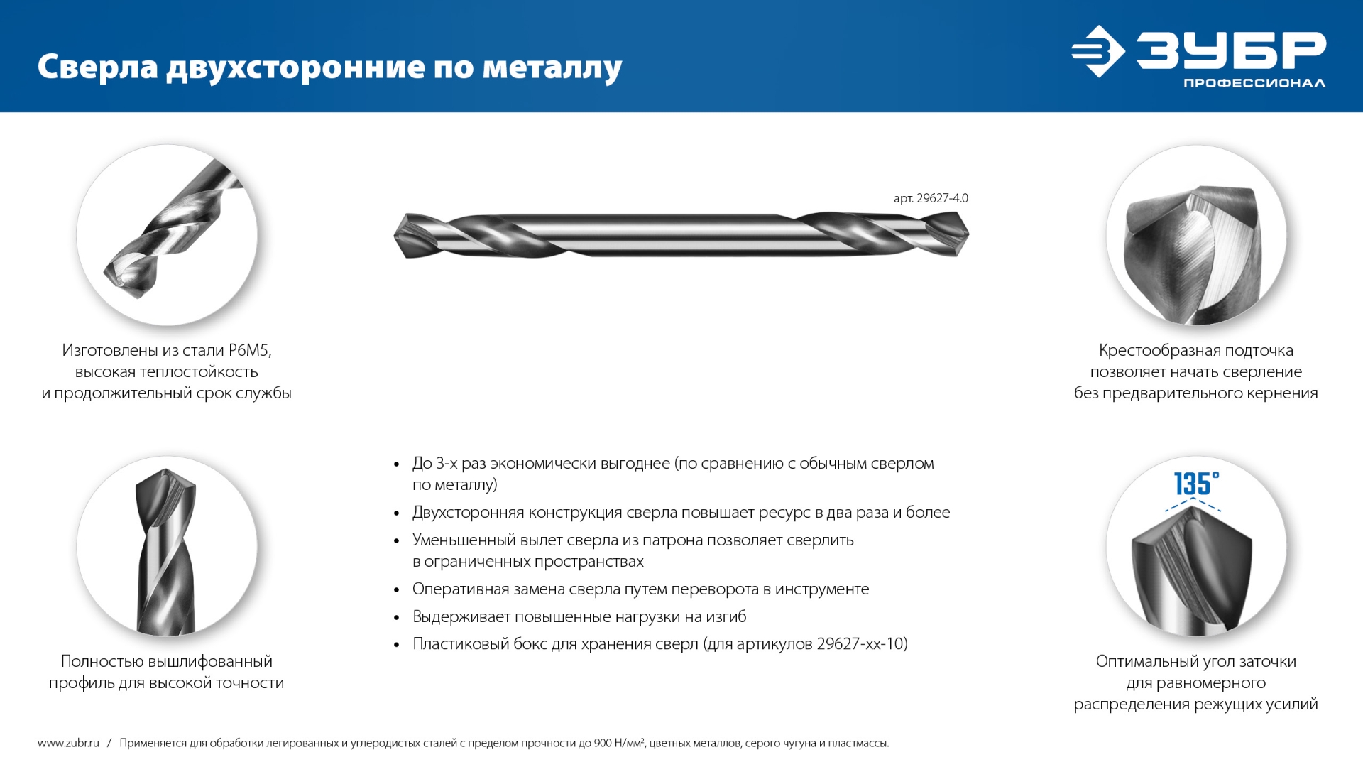 ЗУБР Проф-А 4.0х55мм, сверло двухстороннее по металлу, сталь Р6М5, класс А, 2шт, Профессионал (29627-4.0)