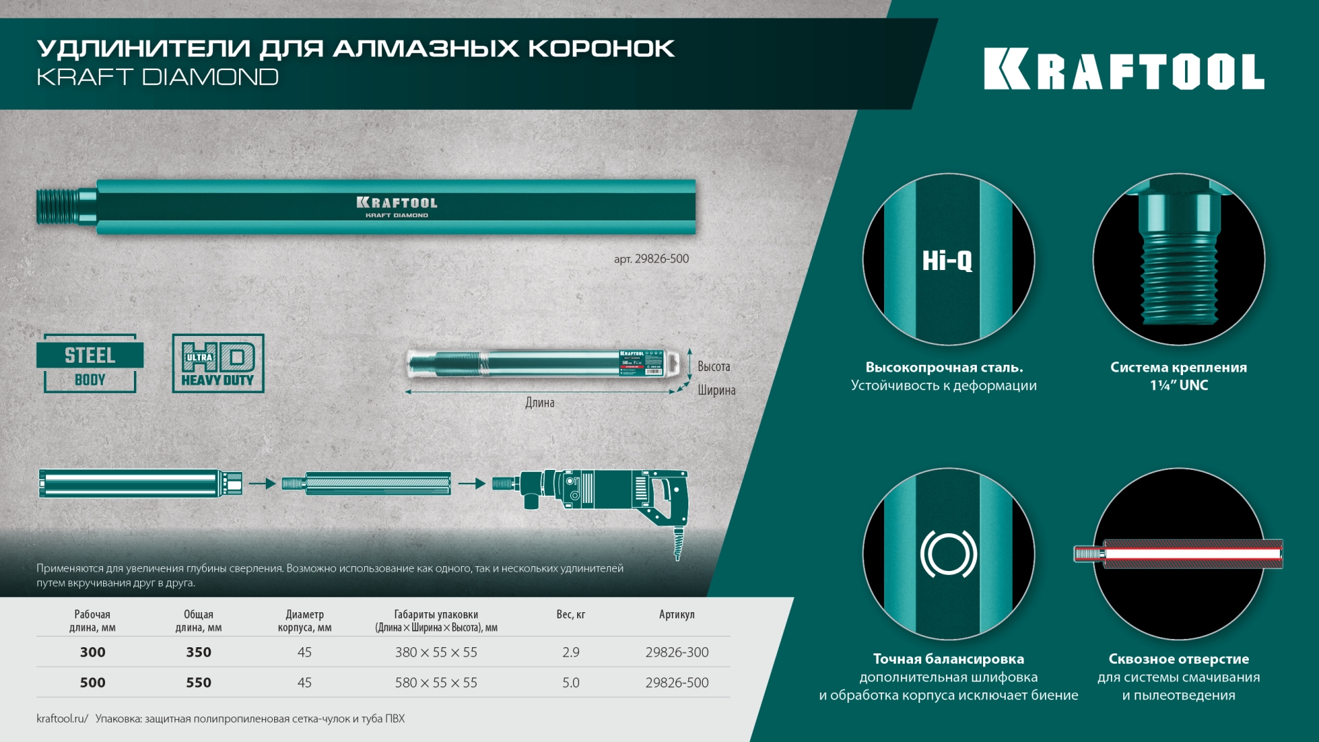 KRAFTOOL L500 мм, стальной, посадка 1 1/4″, Удлинитель для алмазных коронок (29826-500)