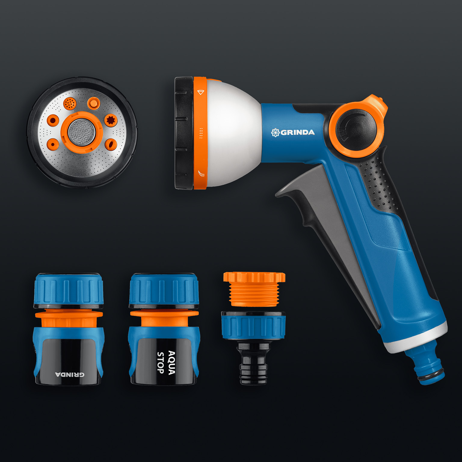 GRINDA Х-812, питолет поливочный X-8, коннектор 1/2, конектор 1/2 с автостопом, адаптер с внутр. резьбой 1/2 х 3/4, набор поливочный PROLine (429168)