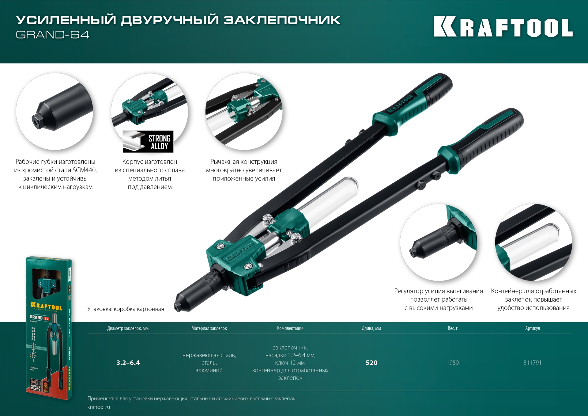KRAFTOOL GRAND-64, 3.2 - 6.4 мм, 520 мм, усиленный двуручный заклёпочник (311791)