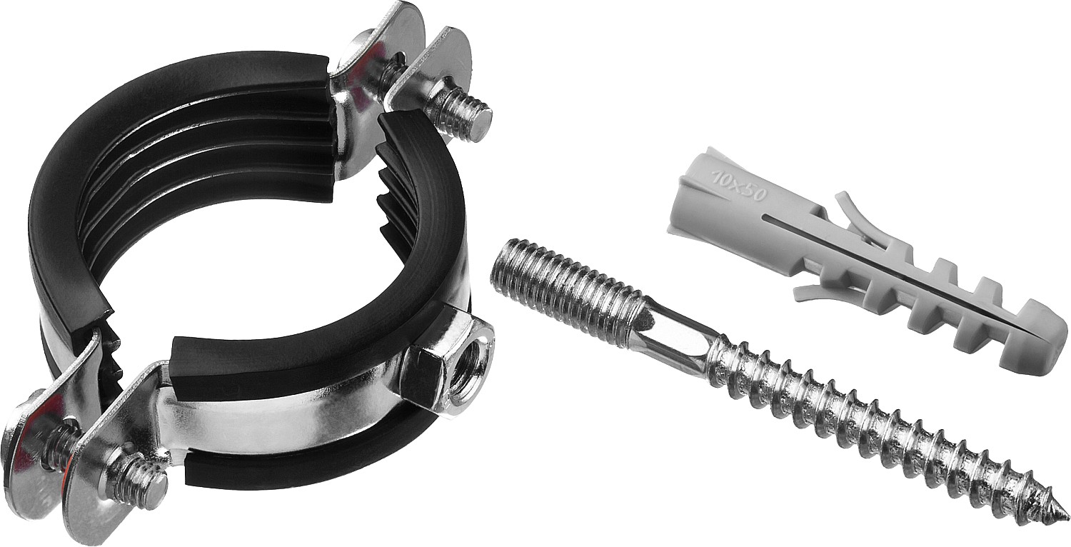 ЗУБР 1 1/4″, цинк, 1 шт, трубный хомут с сантехнической шпилькой и дюбелем (37866-40-45)