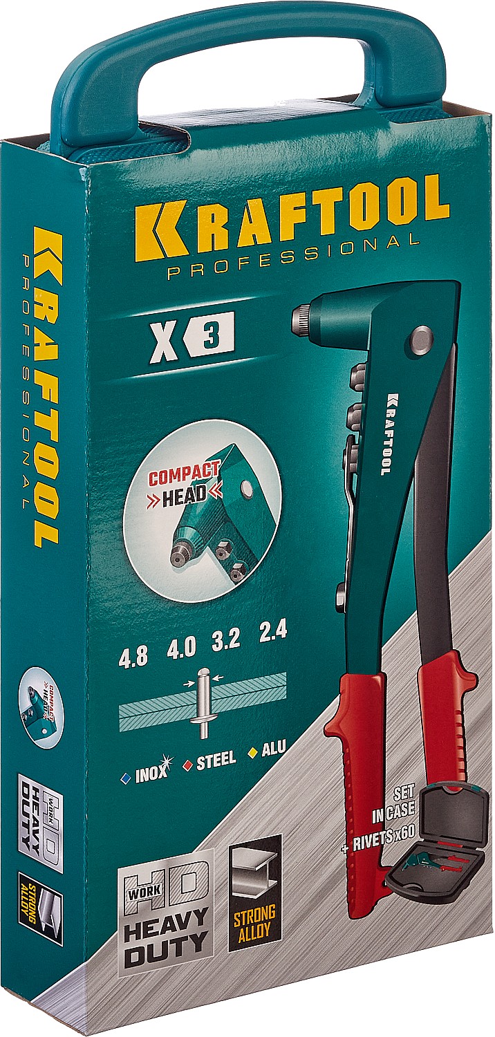 KRAFTOOL X-3, 2.4 - 4.8 мм, 260 мм, литой заклепочник в кейсе (31170-H6)
