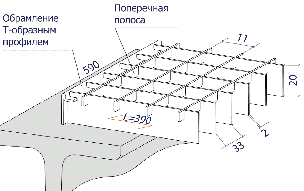 Решетка стальная 390x590x20 мм (ячейка 33x11 мм),  5,2кг