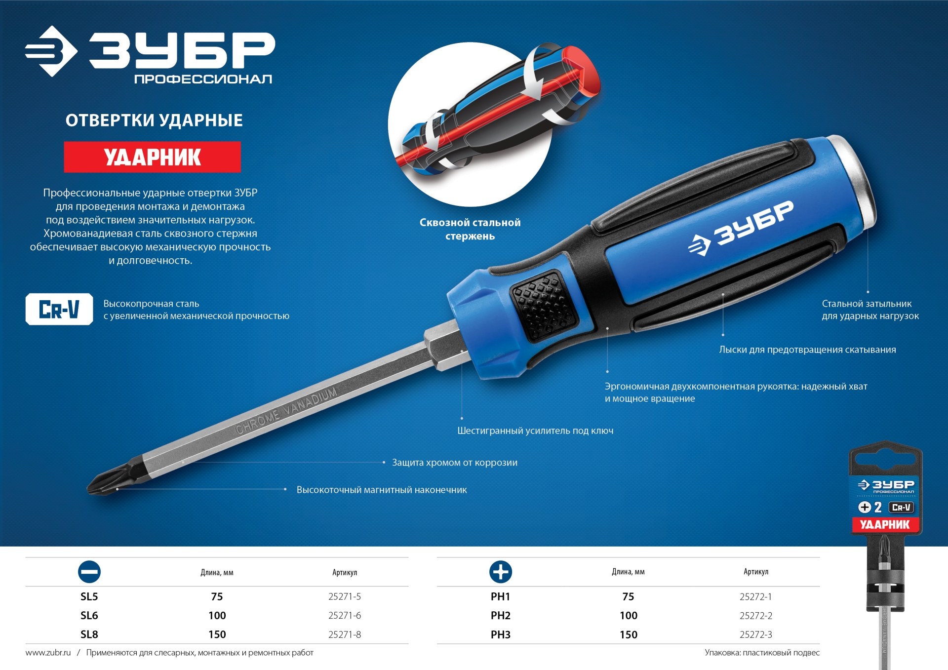 ЗУБР Ударник, SL6 х 100 мм, ударная отвертка, Профессионал (25271-6)