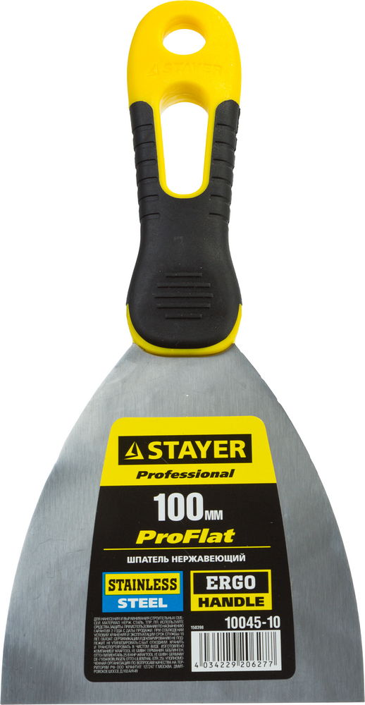 STAYER PROFlat, 100 мм, х-образное профилированное полотно, облегченная двухкомпонентная ручка, нержавеющий шпатель (10045-10)