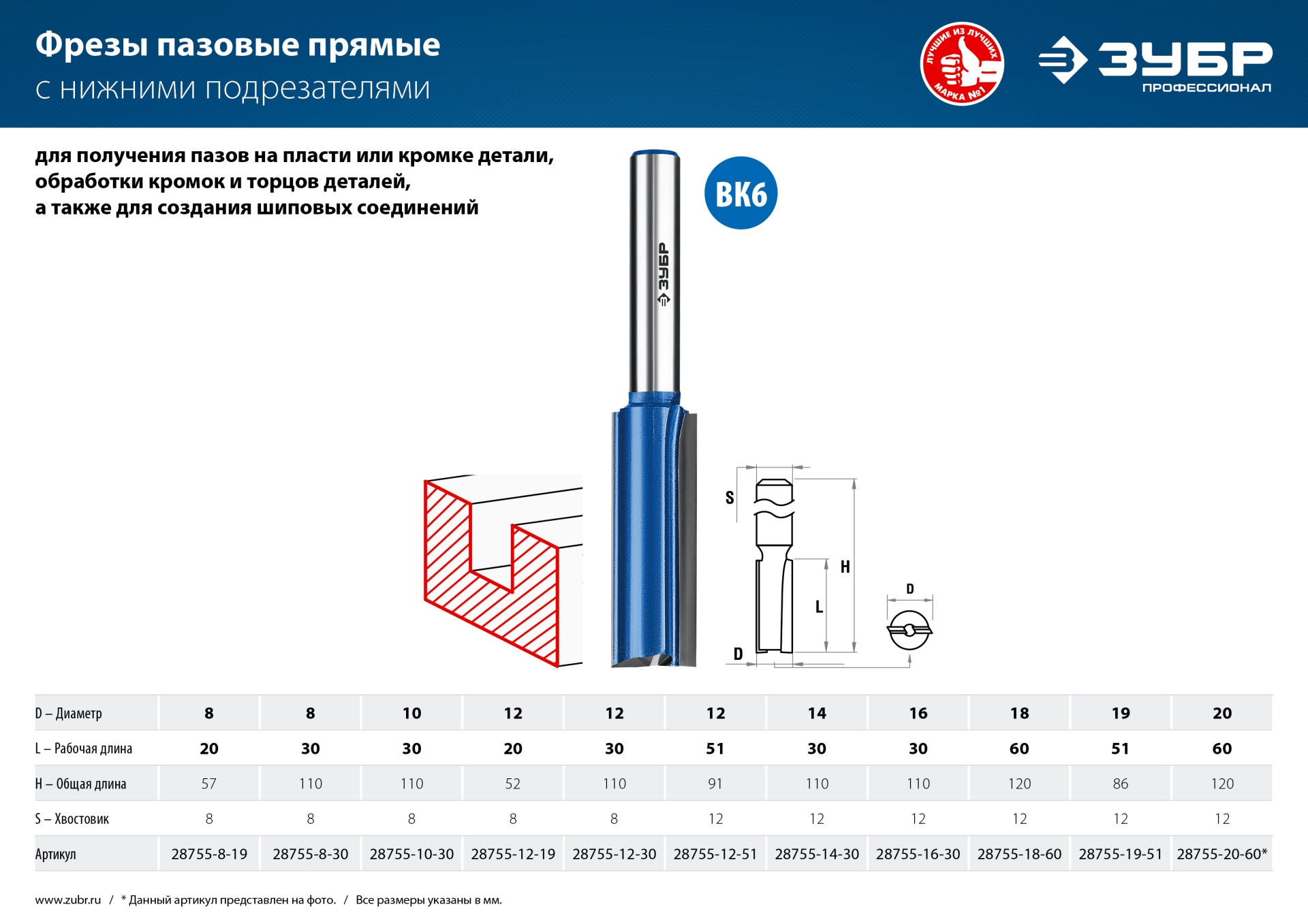 ЗУБР 14 x 30 мм, хвостовик 12 мм, фреза пазовая прямая с нижними подрезателями, Профессионал (28755-14-30)