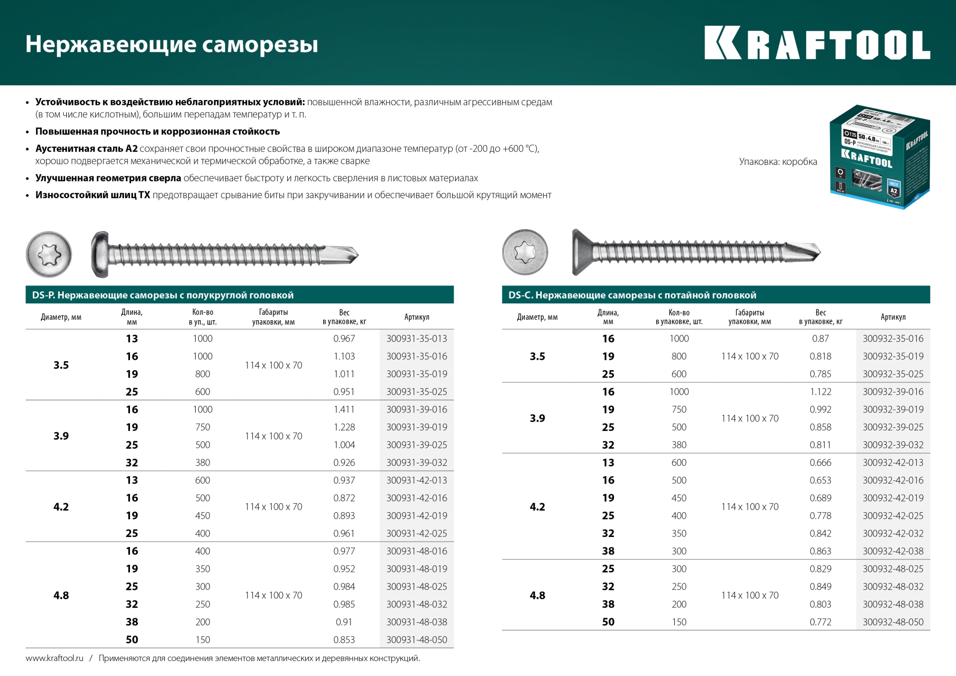 KRAFTOOL DS-P, 25 х 4.2 мм, А2, сверло, полукруглая головка, ТХ20, 400 шт, саморез нержавеющий (300931-42-025)