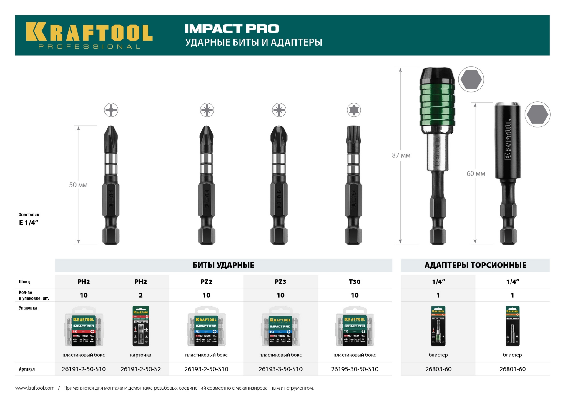 KRAFTOOL Impact PH2, 50 мм, 2 шт, ударные биты (26191-2-50-S2)