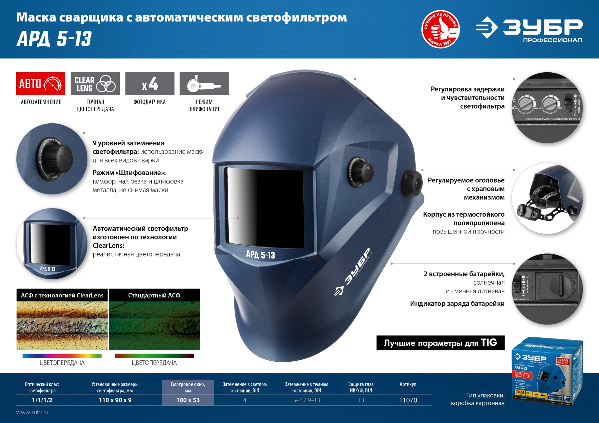 ЗУБР АРД 5-13, хамелеон, затемнение 4/5-8/9-13, маска сварщика, Профессионал (11070)