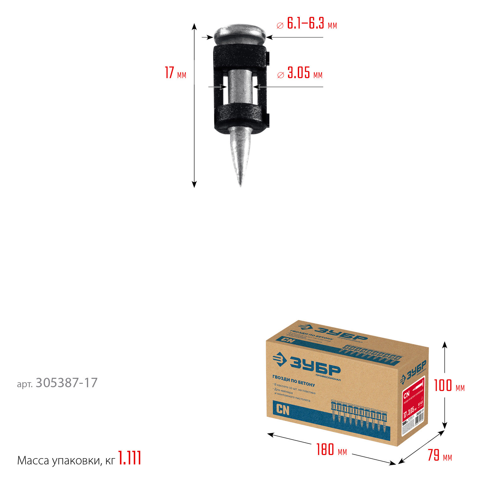 ЗУБР CN усиленные 17 х 3.05 мм, гвозди по бетону оцинкованные, 1000 шт (305387-17)