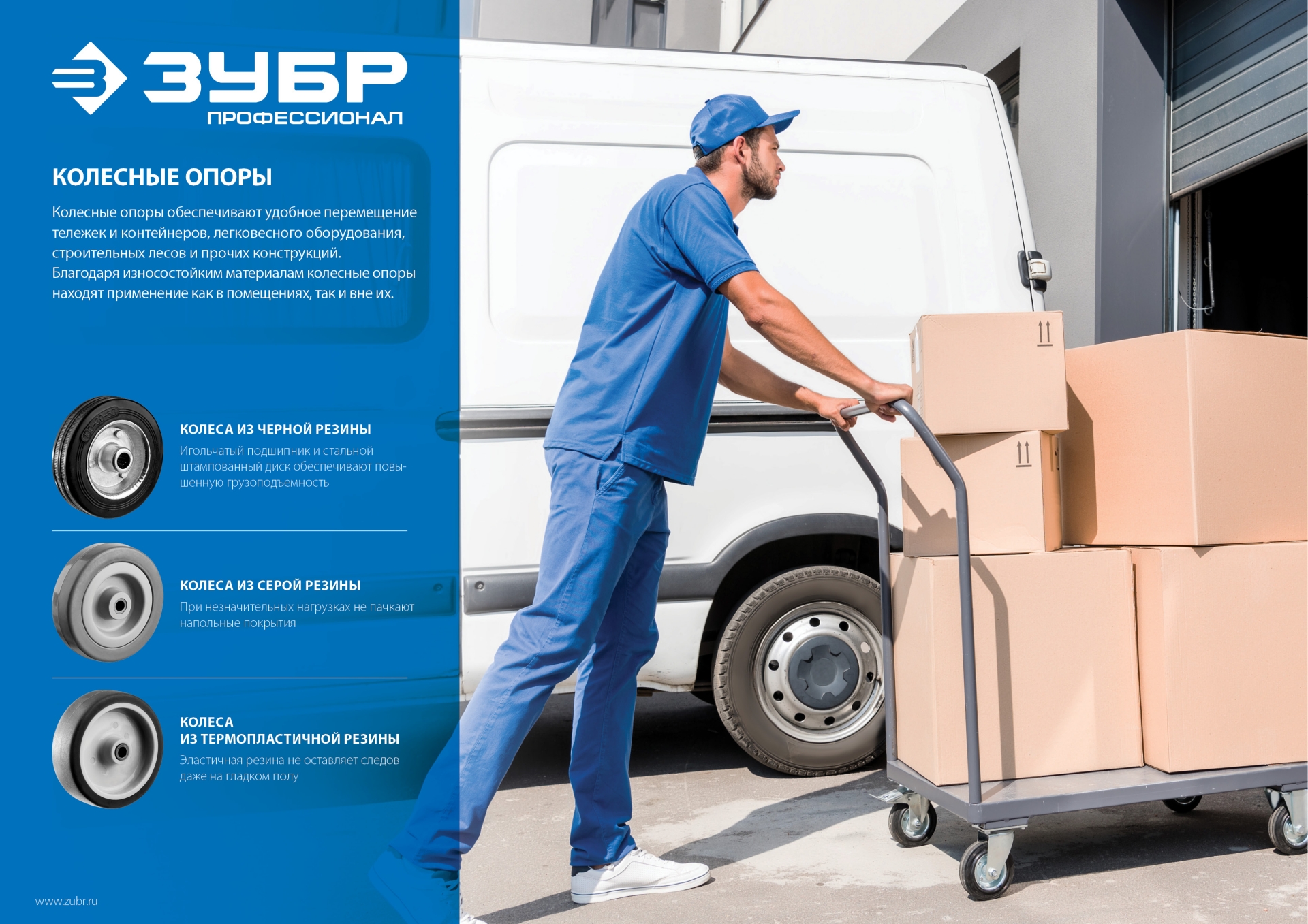 ЗУБР d 75 мм, г/п 50 кг, резина/полипропилен, поворотное колесо (30956-75-S)