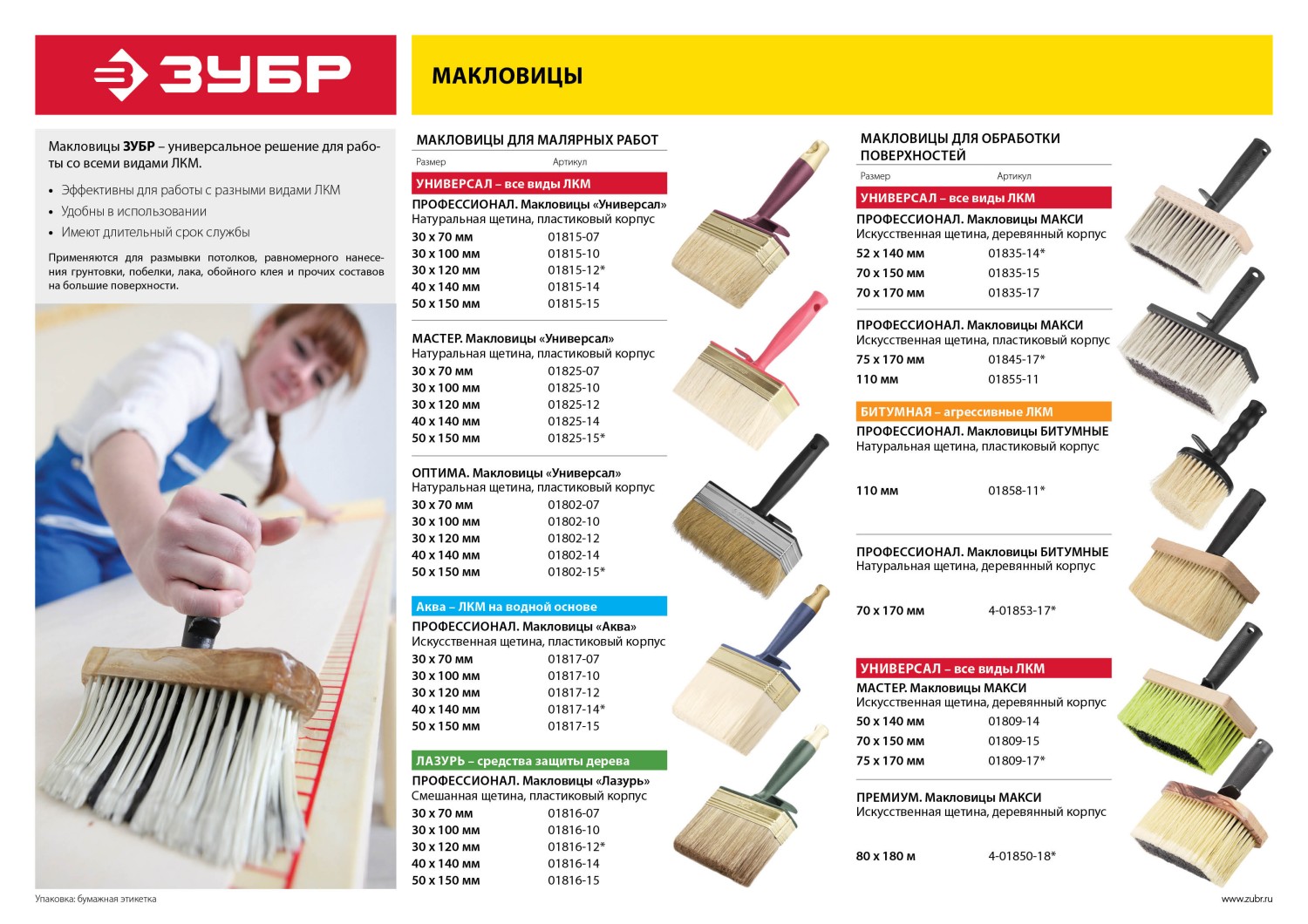 ЗУБР АКВА, 4 х 14 см, искусственная щетина, пластмассовый корпус, для воднодисперсионных и акриловых ЛКМ, макловица (01817-14)