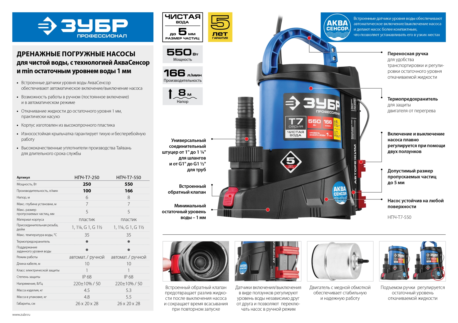 ЗУБР АкваСенсор 550 Вт, Дренажный насос с минимальным уровнем откачки, Профессионал (НПЧ-Т7-550)