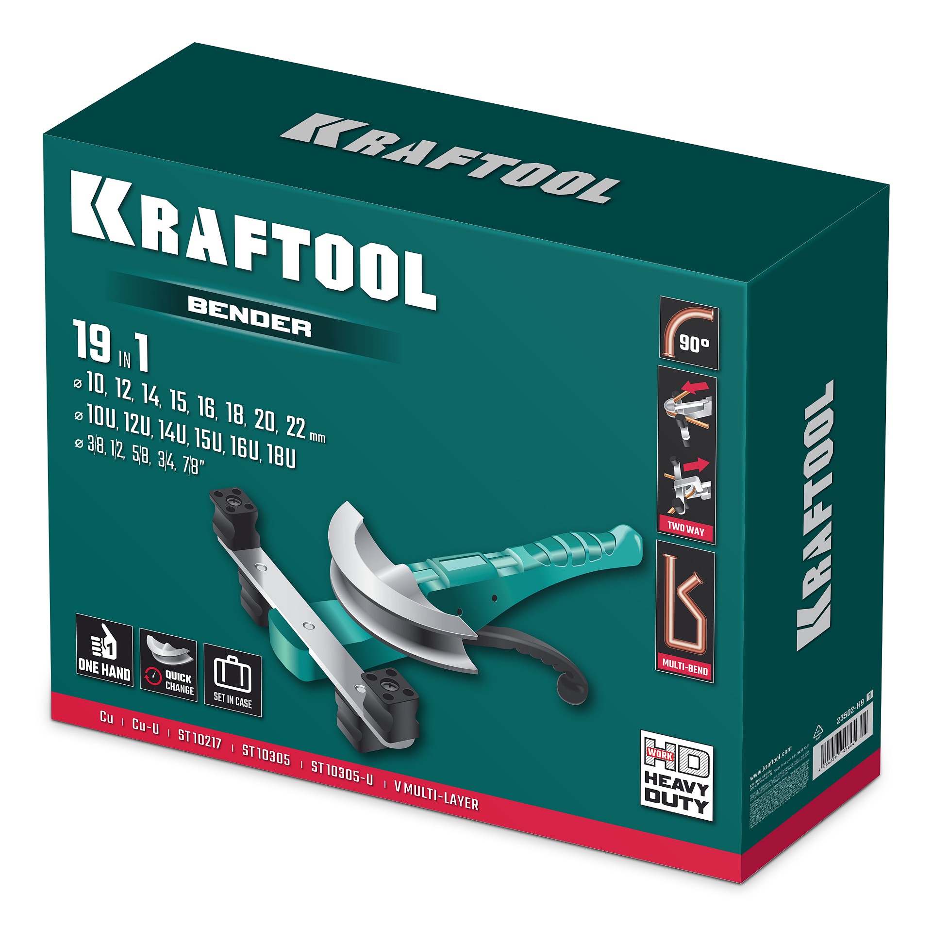 KRAFTOOL 19в1, 3/8 - 7/8”, 10 - 22мм, рычажный трубогиб арбалетного типа (23502-H9)