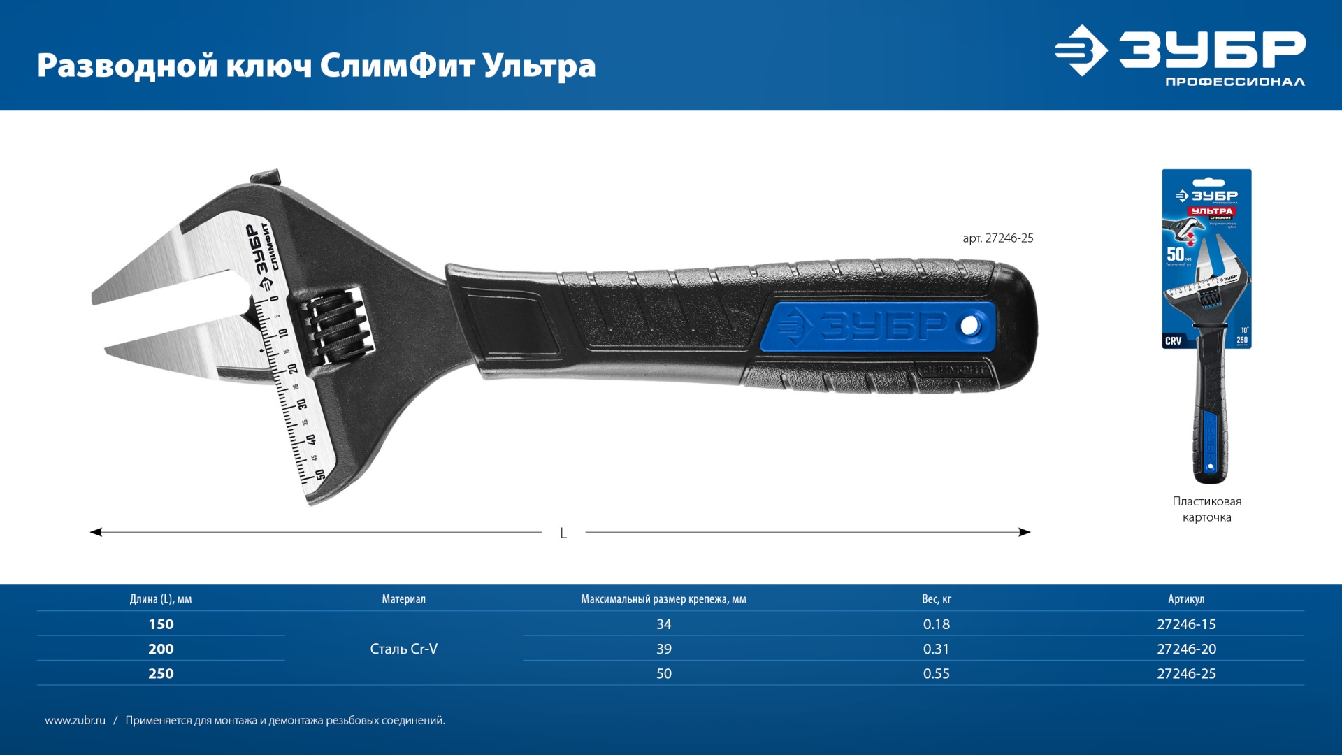 ЗУБР СлимФит Ультра, 250/50 мм, разводной ключ, ПРОФЕССИОНАЛ (27246-25)