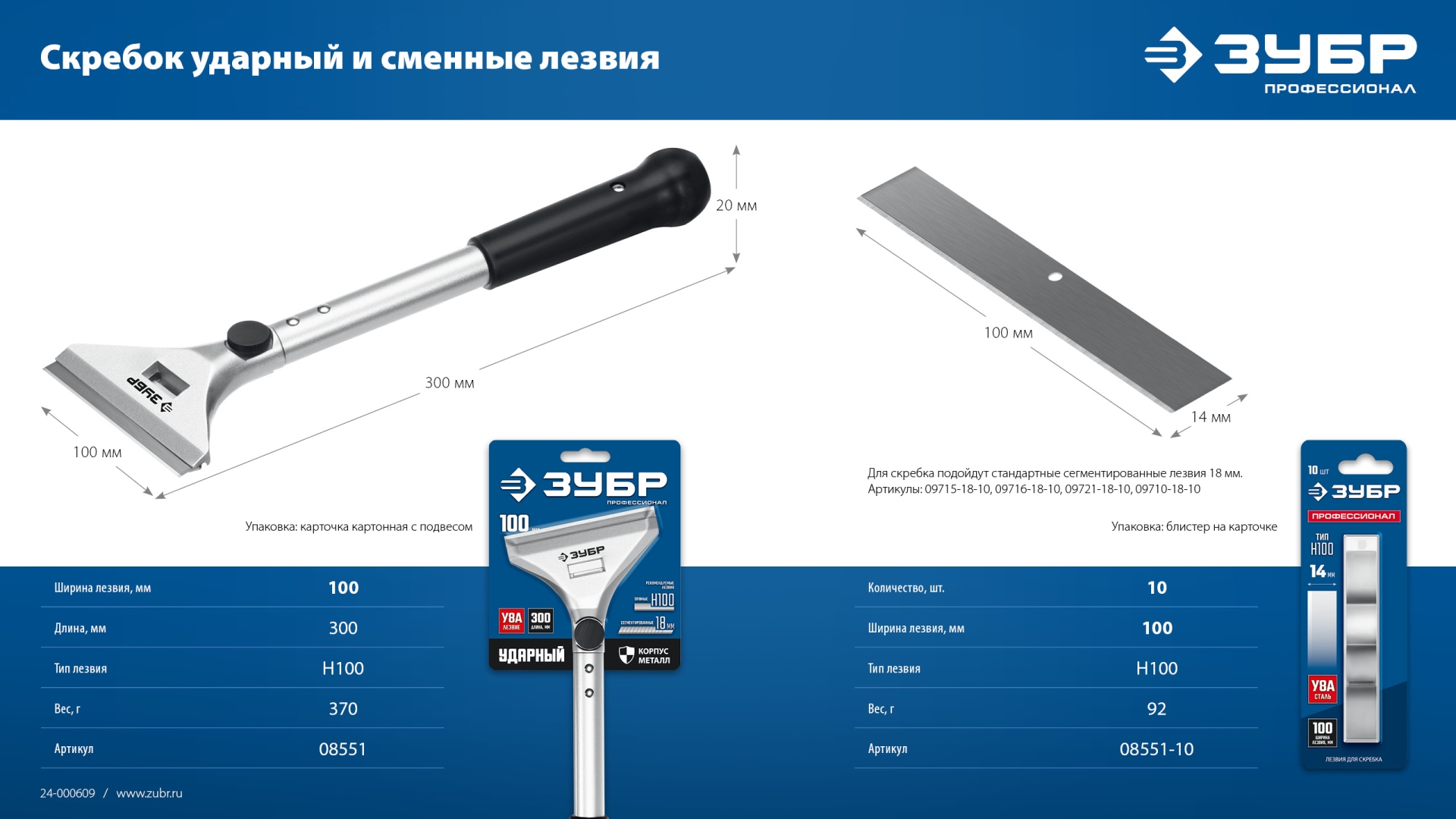 ЗУБР 100 мм, длина 300 мм, ударный скребок, Профессионал (08551)