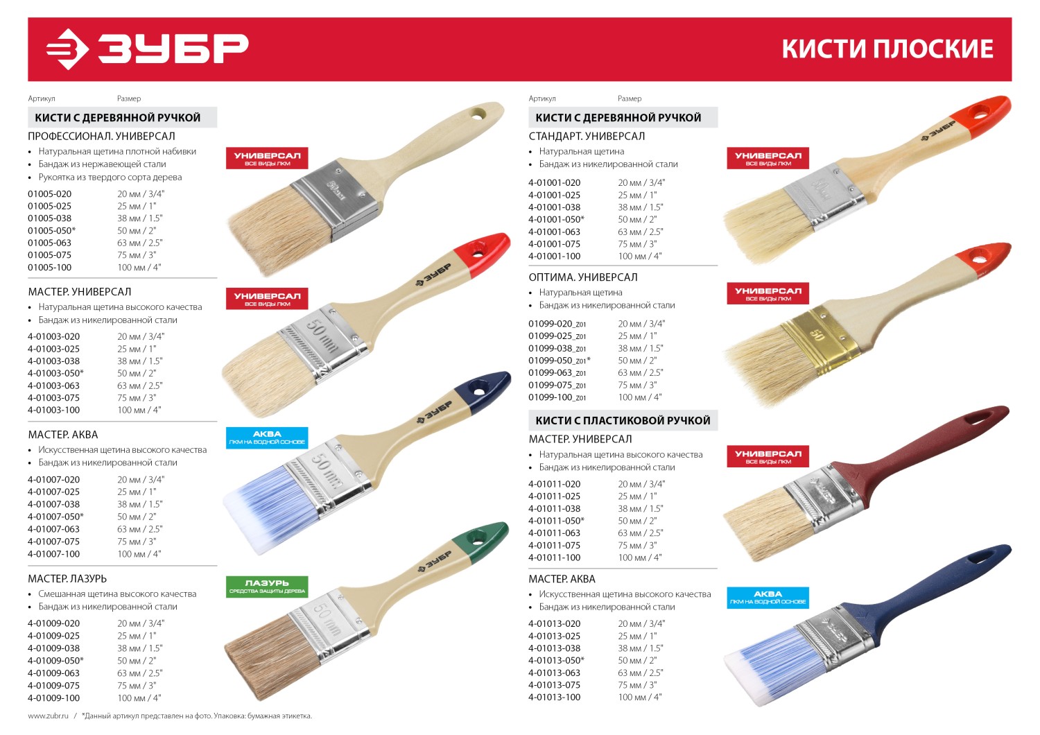 ЗУБР УНИВЕРСАЛ, 100 мм, 4″, светлая натуральная щетина, деревянная ручка, плоская кисть (01099-100)