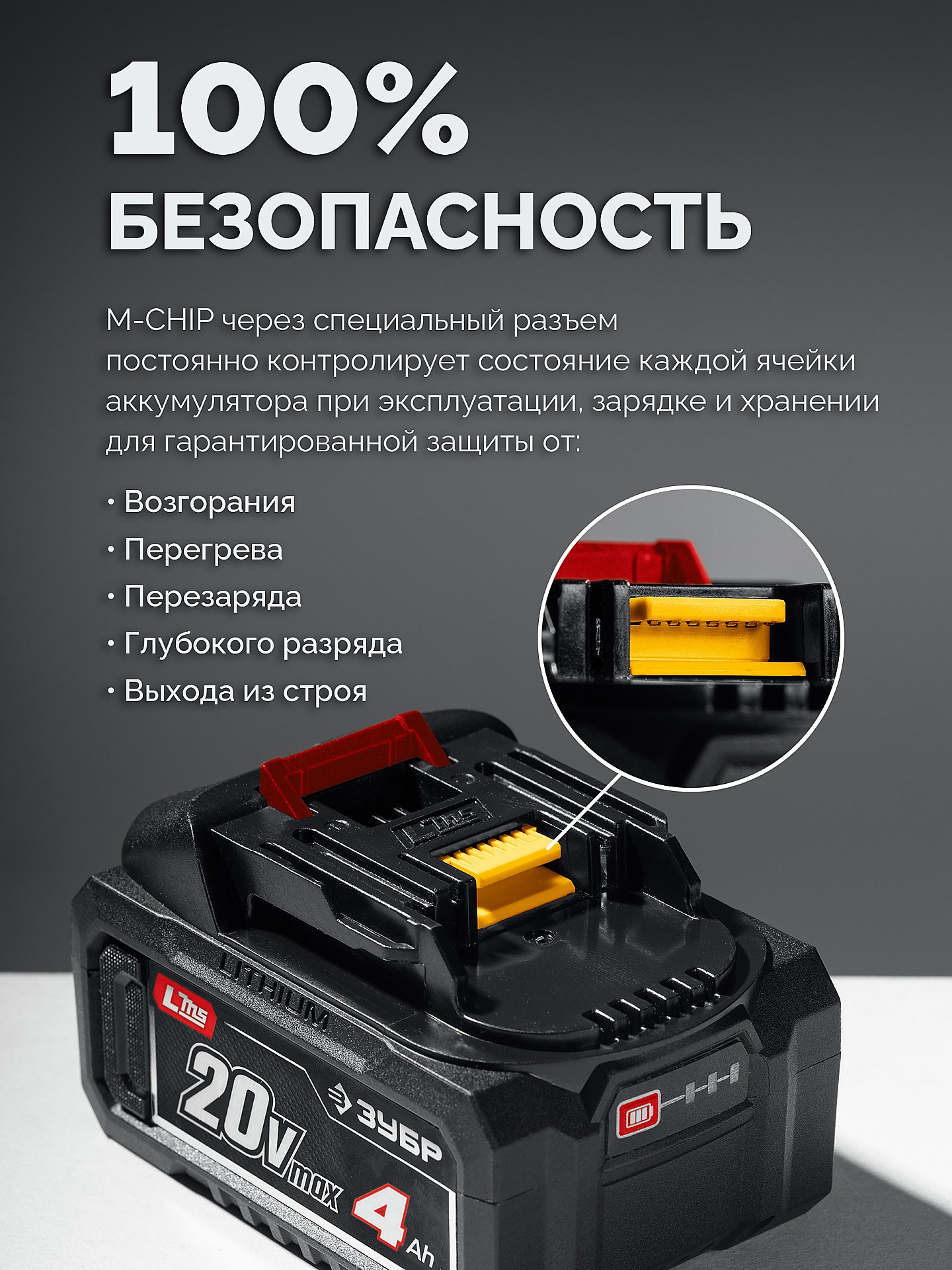 ЗУБР 20 В, 4.0 А·ч, аккумулятор LMS (АКБ-20-4)