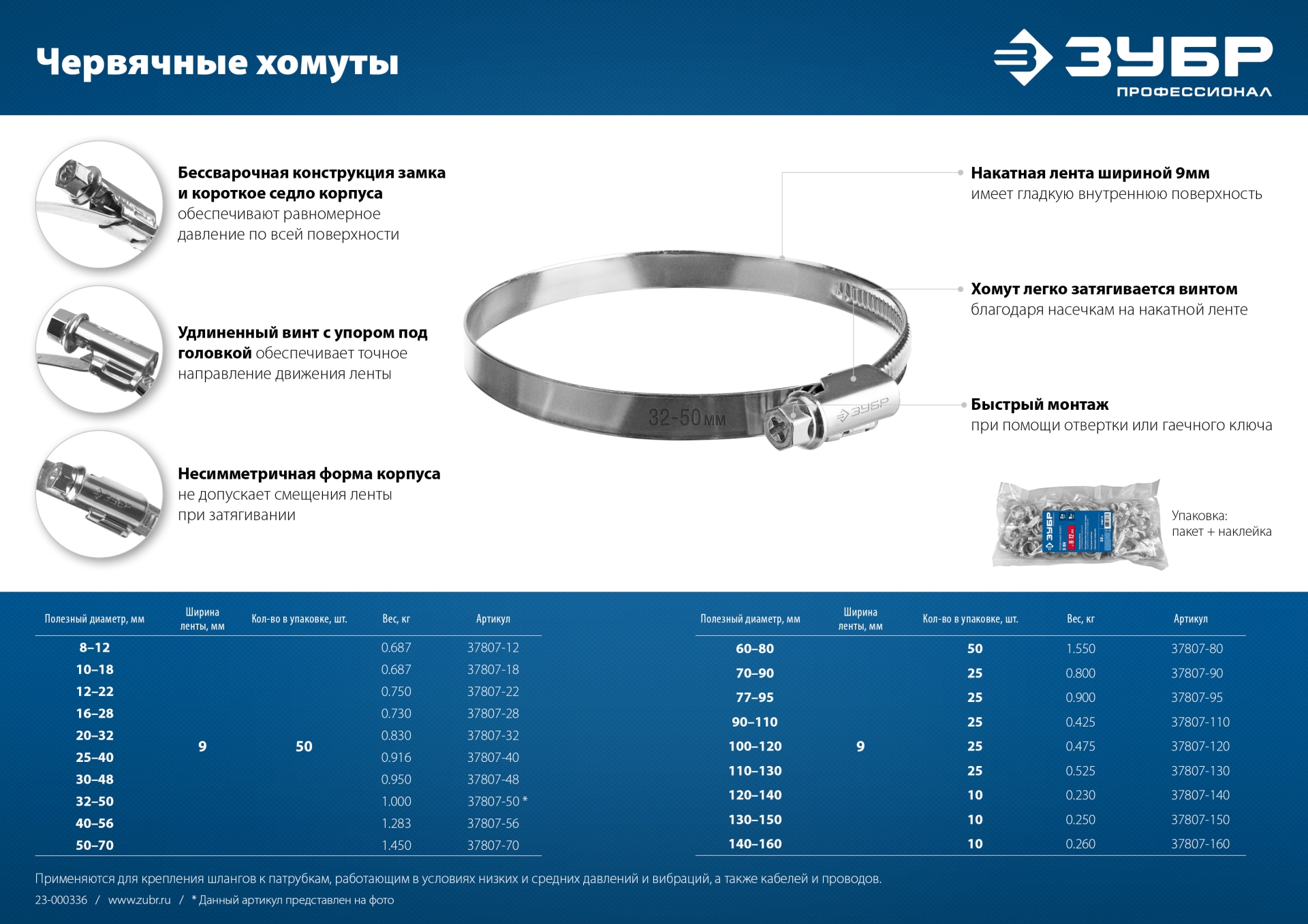 ЗУБР Х-9Н, 60 - 80 мм, накатная лента 9 мм, цинк, 50 шт, червячный хомут (37807-80)