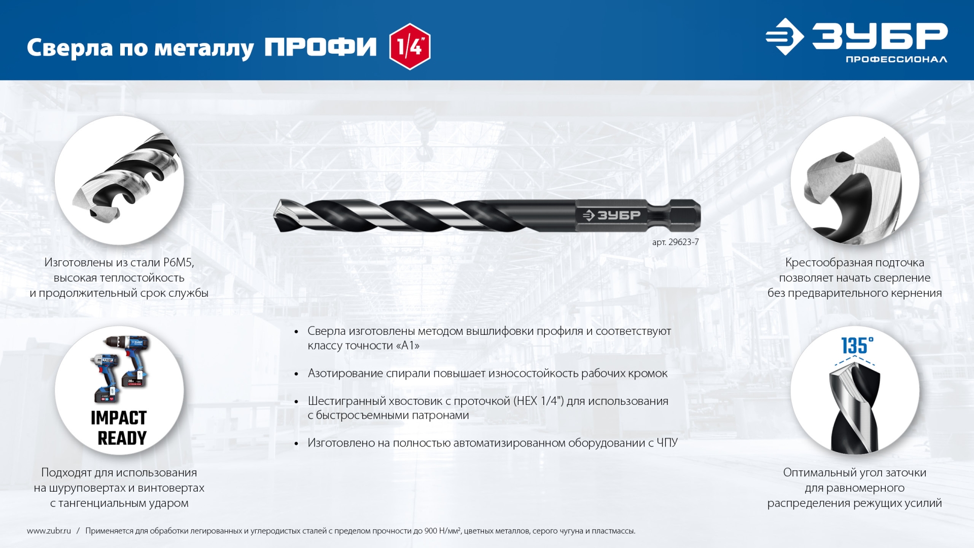 ЗУБР НЕХ-1/4″, d 8.0 х 117 мм, сверло по металлу для винтовёртов и шуруповертов IMPACT READY (29623-8)