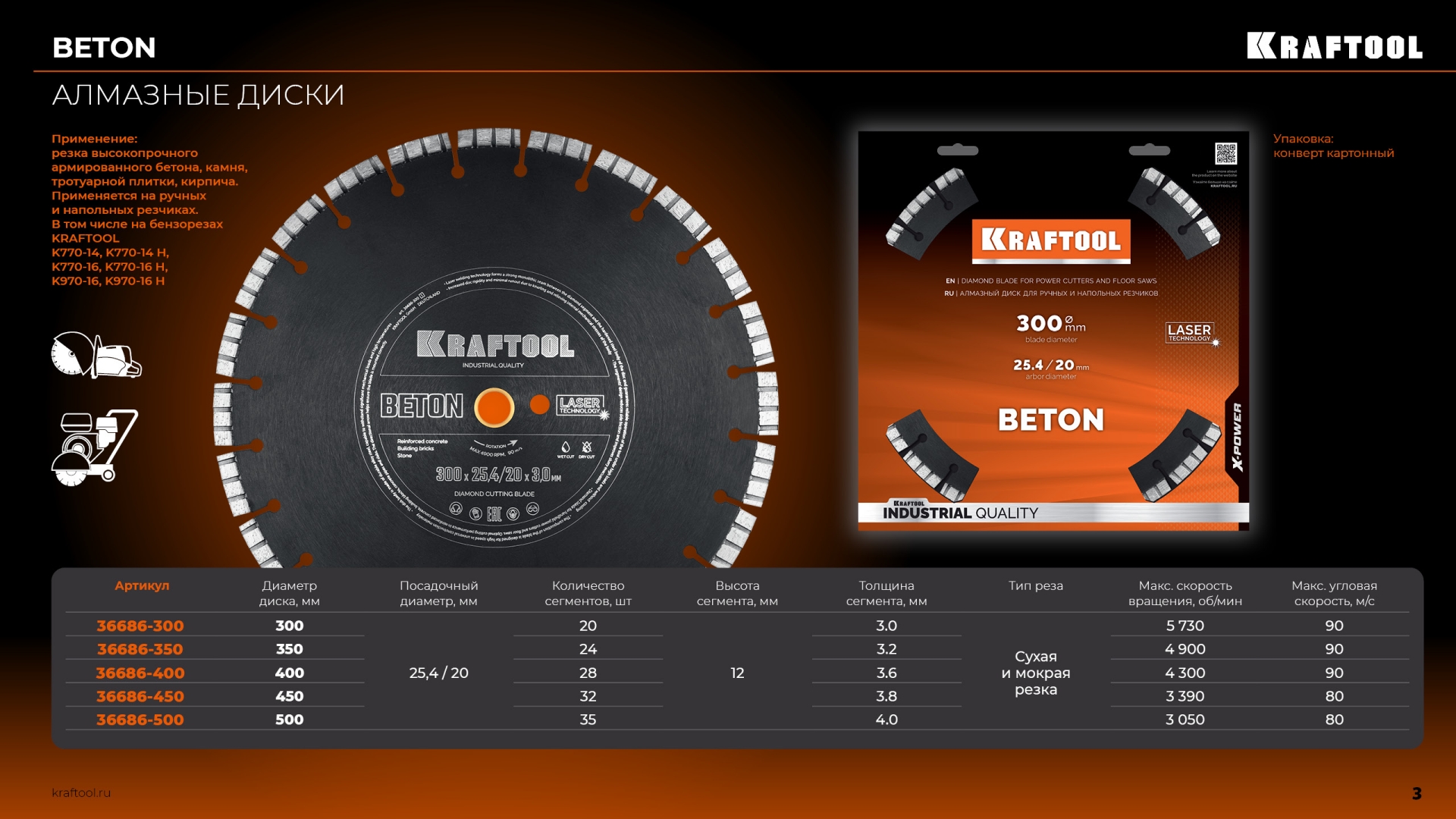 KRAFTOOL BETON 500 мм (25.4/20 мм, 12х4.0 мм), алмазный диск (36686-500)