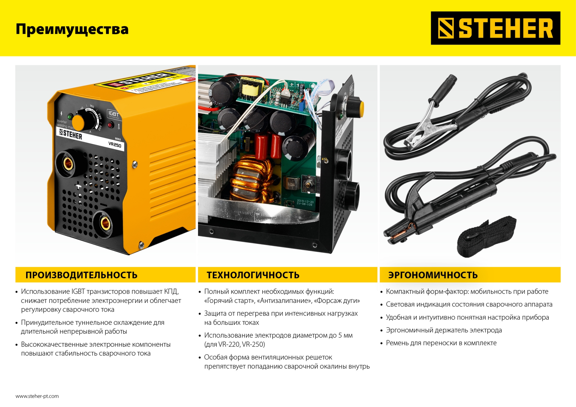 STEHER ММА, 250 А, сварочный аппарат инверторный, макс. электрод Ø 5.0 мм (VR-250)