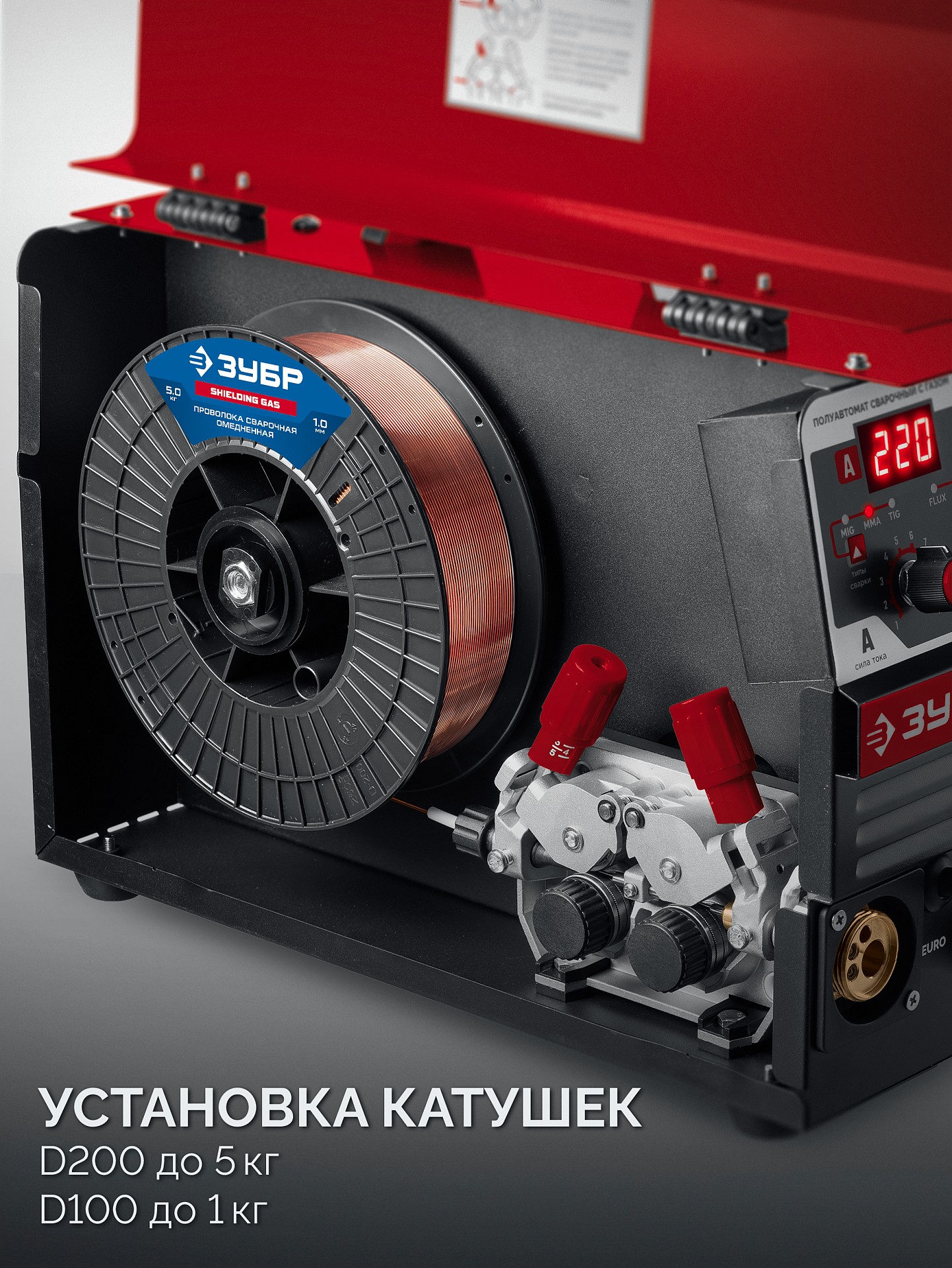 ЗУБР MASTER, MIG / MAG, FCAW, MMA, TIG, 220 А, полуавтомат сварочный, с газом / без газа, горелка ПСГ-220 (ПСГ-М8-220)