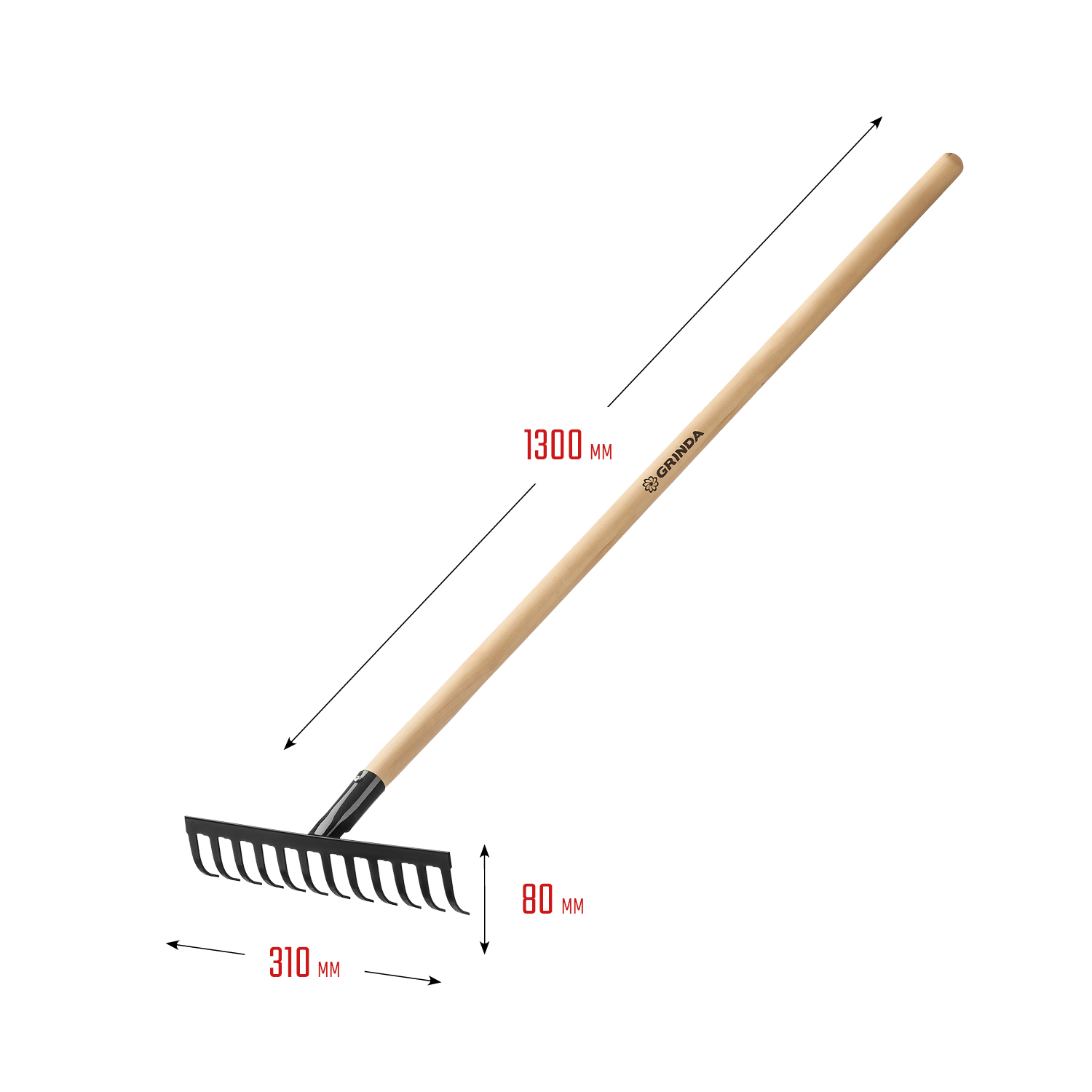 GRINDA GT-12 WOOD, 310 х 80 х 1300 мм, 12 прямых зубцов, углерод. сталь, антикор. покрытие, черенок дерев. высш. сорт, садовые грабли (39583-12)