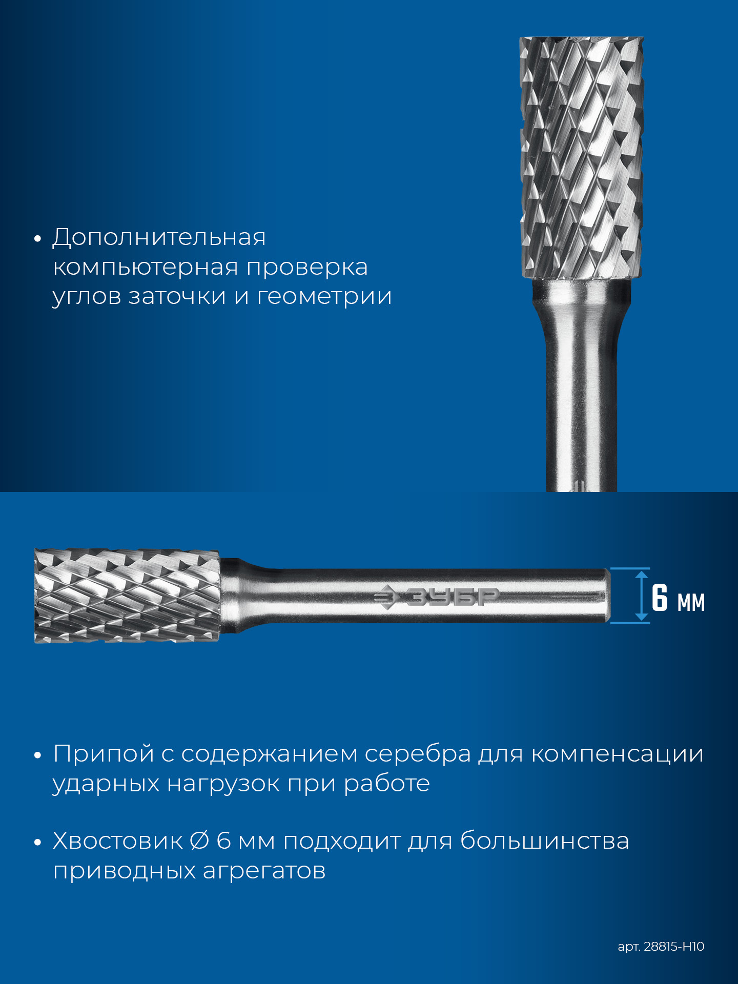 ЗУБР 10 шт набор борфрез твердосплавных, хв-к 6 мм, ПРОФЕССИОНАЛ (28815-H10)