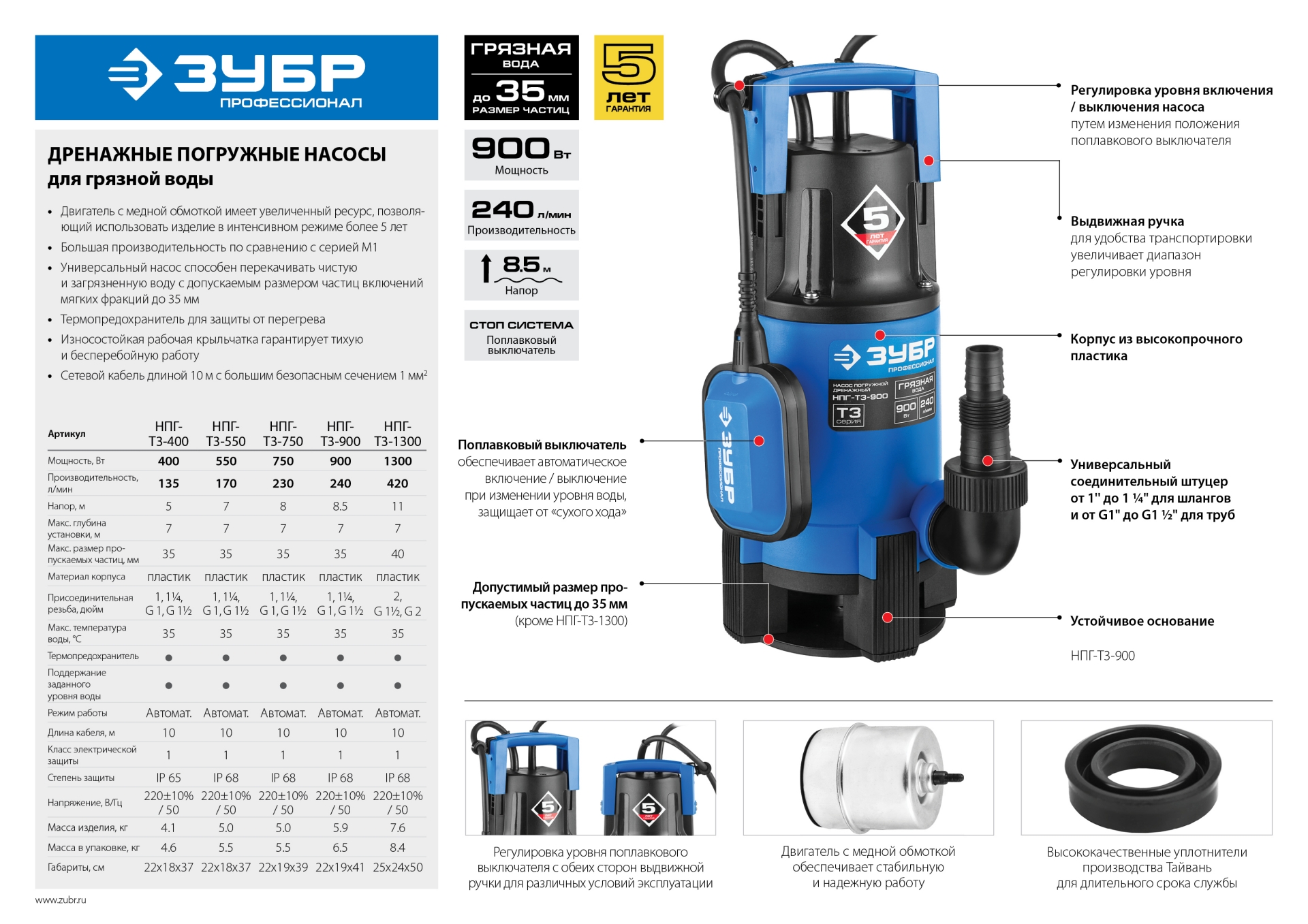 ЗУБР 550 Вт, дренажный насос для грязной воды, Профессионал (НПГ-Т3-550)
