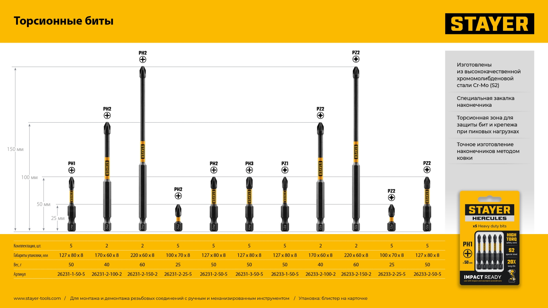 STAYER HERCULES, PZ2, 50 мм, 5 шт, торсионные биты (26233-2-50-5)