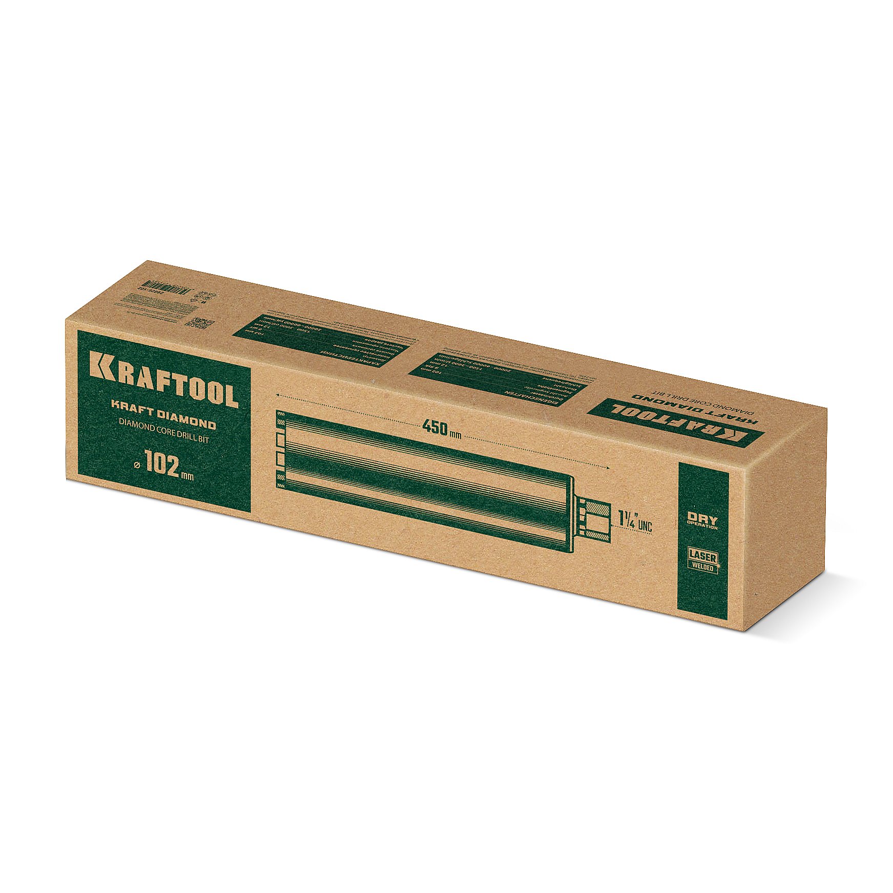 KRAFTOOL DIAMOND 102 мм (450 мм, 1 1/4″, лазерная сварка, сухое сверление с микроударом), алмазная коронка по железобетону (29825-102)