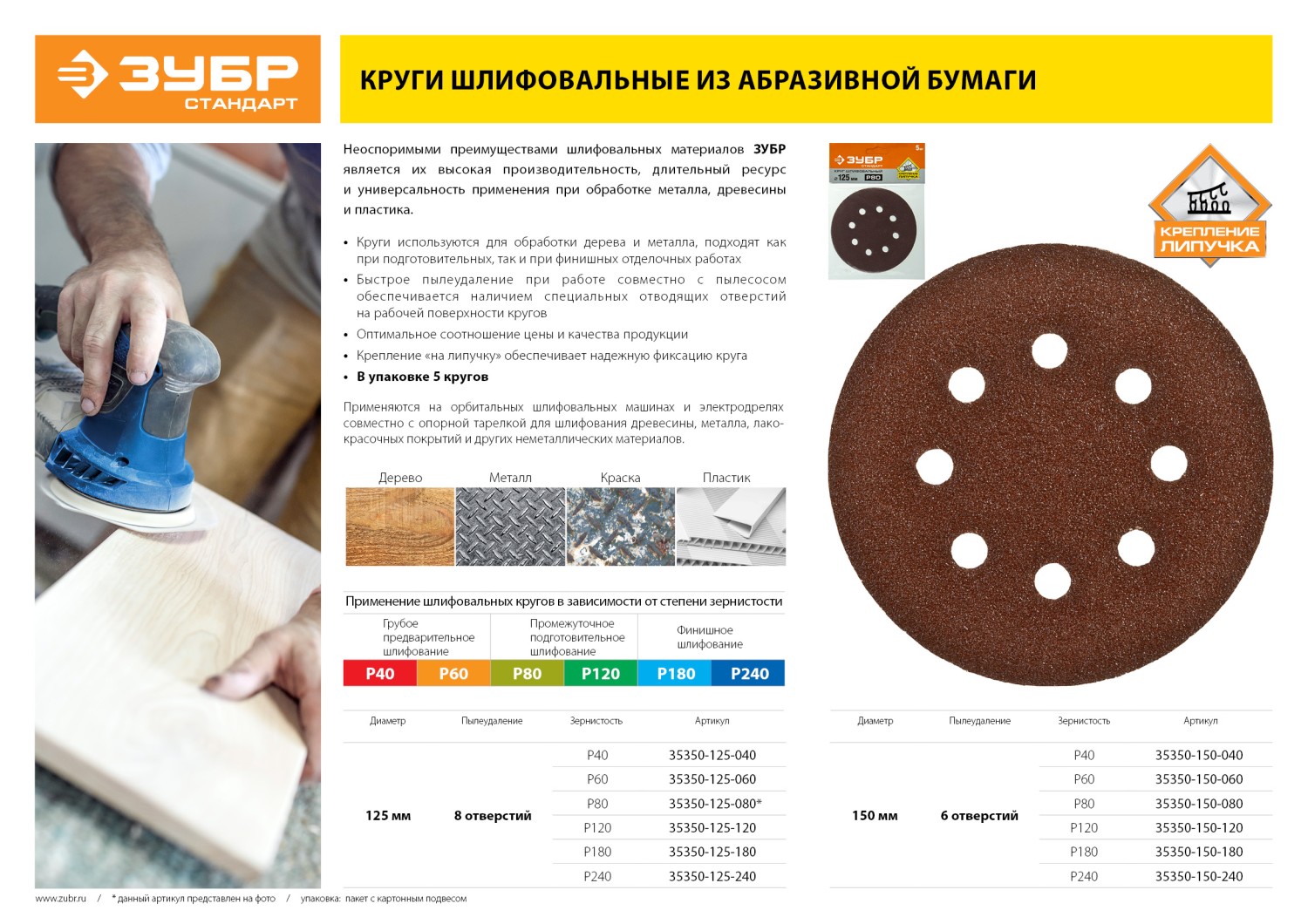 Круг шлифовальный ЗУБР ″СТАНДАРТ″ из абразивной бумаги на велкро основе, 6 отв., Р120, 150мм, 5шт