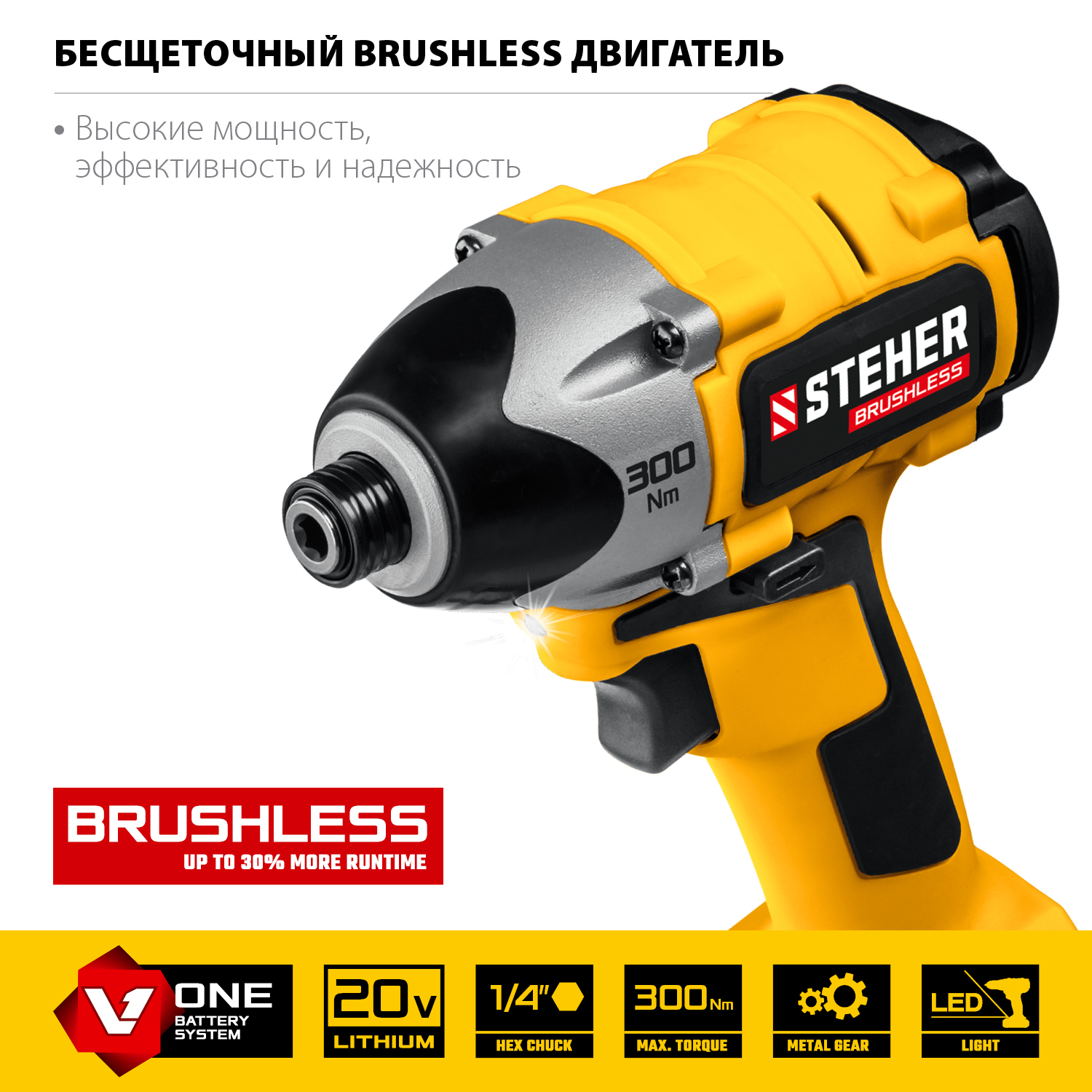 STEHER V1, 20 В, 300 Н·м, без АКБ, бесщеточный винтоверт (CSB-300)