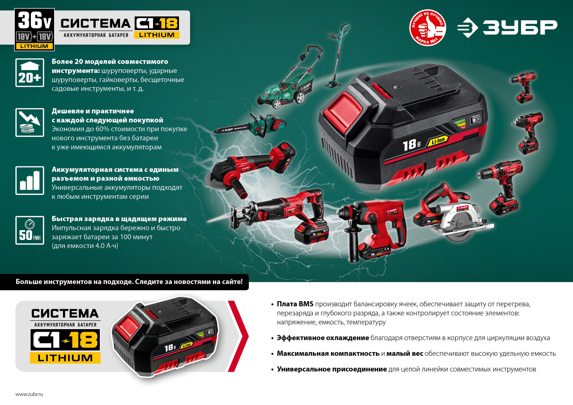 ЗУБР С1-18, 36 В, 35 см шина, без АКБ, бесщеточная цепная пила (ПЦЛ-3635)