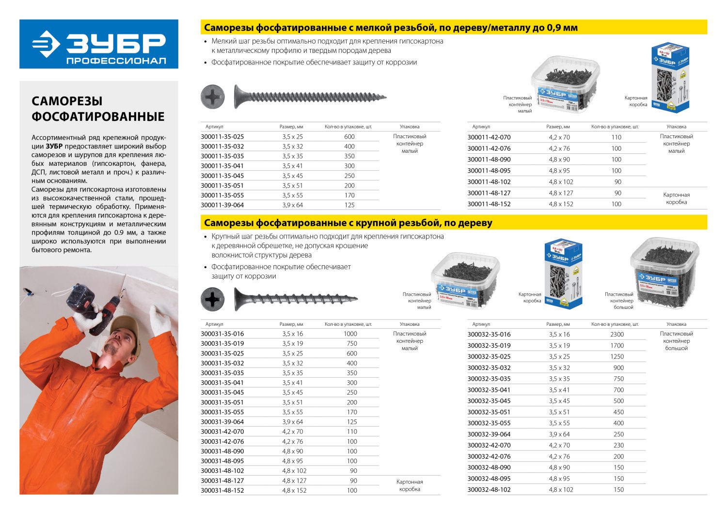 ЗУБР СГМ, 32 х 3.5 мм, фосфатированное покрытие, 400 шт (0,57 кг.), саморез гипсокартон-металл, Профессионал (300011-35-032)