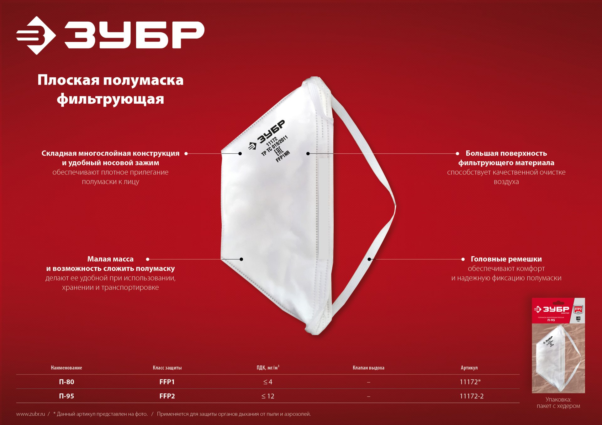 ЗУБР П-95, класс защиты FFP2, плоская, фильтрующая полумаска (11172-2)