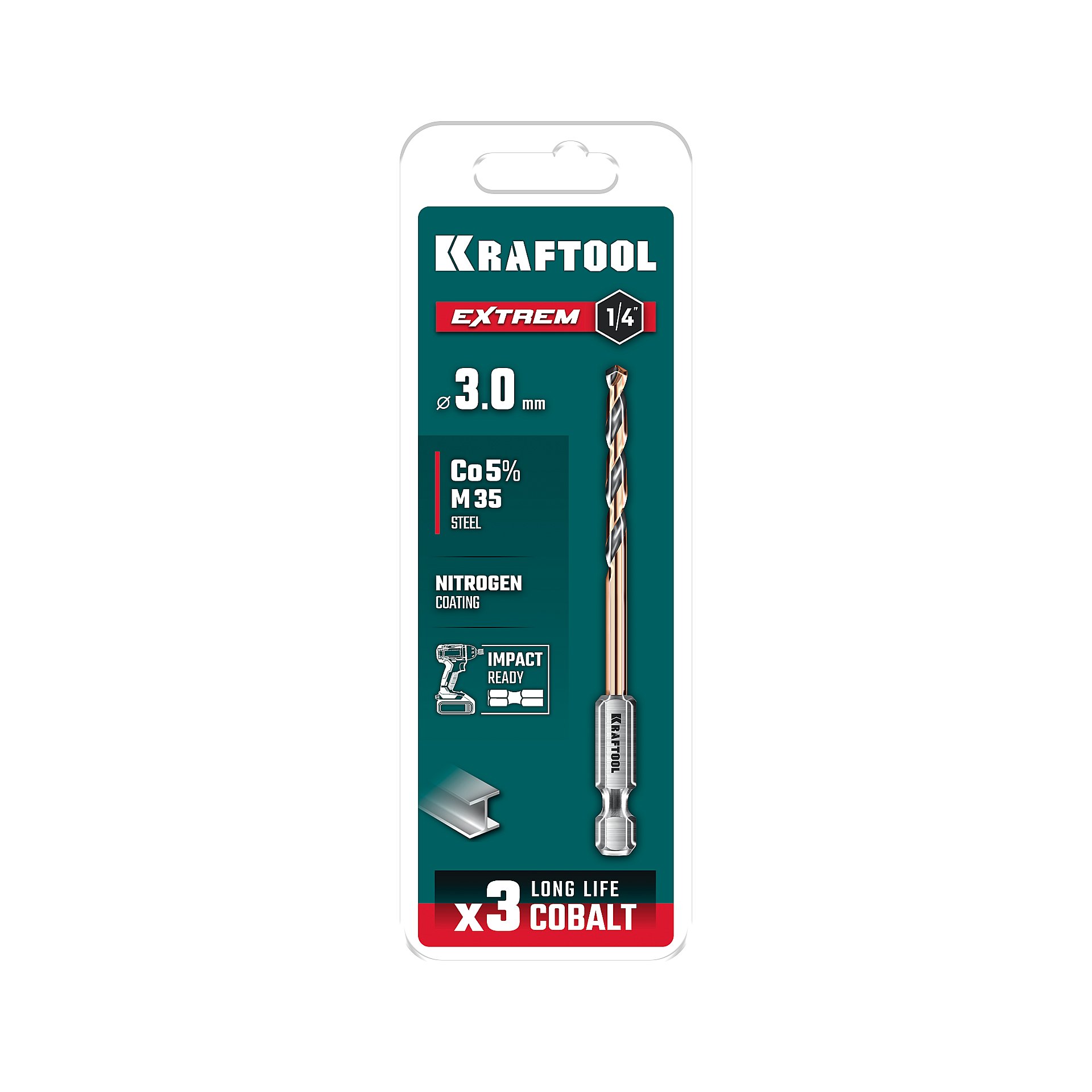 KRAFTOOL НЕХ-1/4″, d 3,0 х 72 мм, сверло по металлу для винтовёртов и шуруповертов IMPACT READY (29652-3)