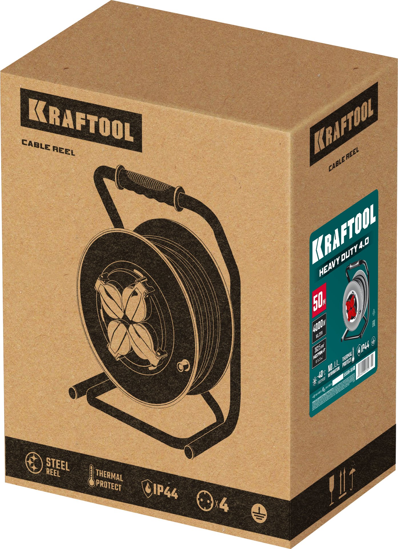KRAFTOOL HEAVY DUTY 4.0, КГ 3х2.5 50м 4000Вт IP44, силовой удлинитель на стальной катушке (55086-50)